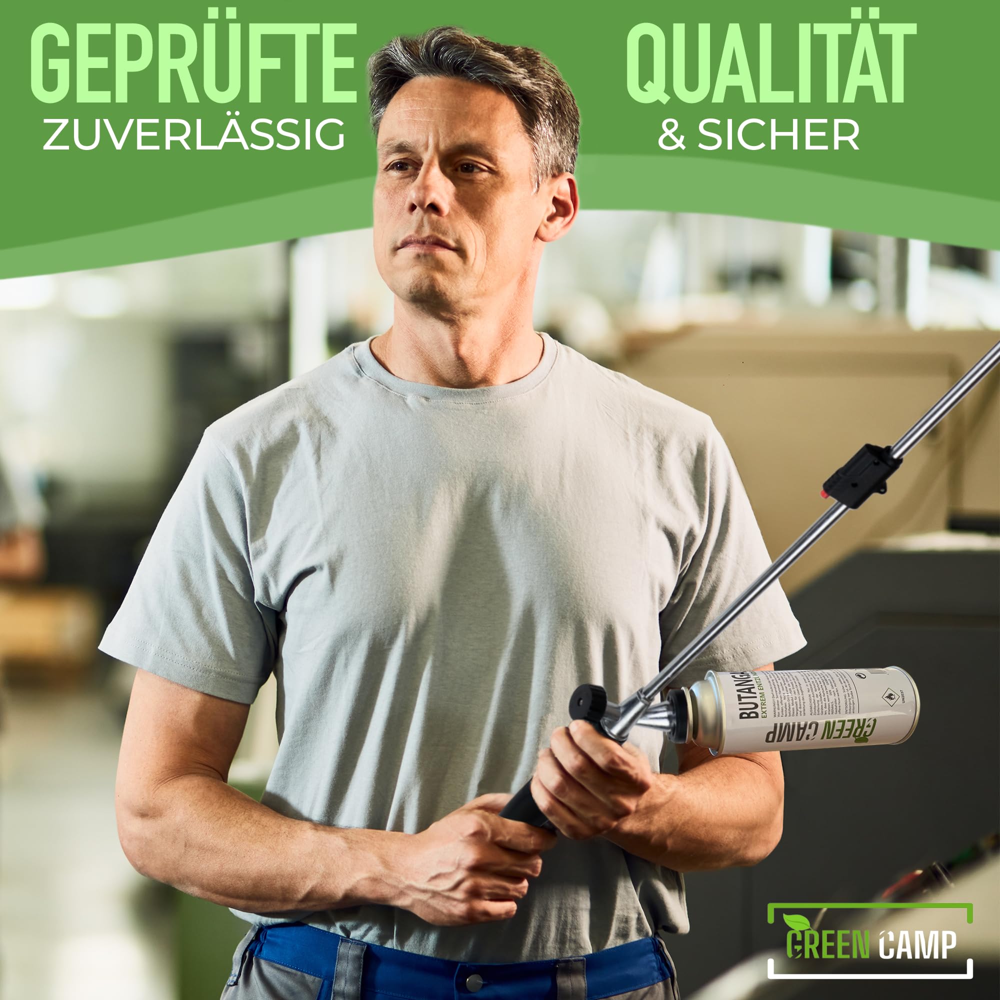 GREENCAMP® Unkrautbrenner [1100°] mit Piezozündung – Abflammgerät zur effektiven Unkrautbekämpfung – ergonomischer Unkrautvernichter mit regulierbarer Flamme – inkl. 12 Gaskartuschen (12 Kartuschen)