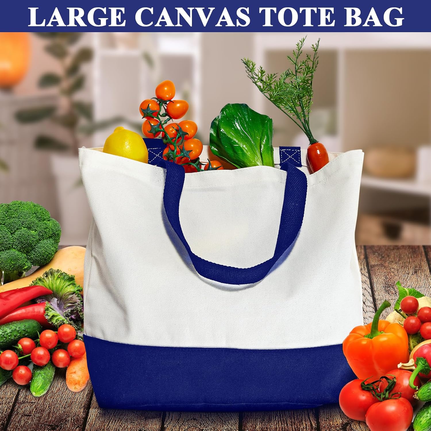 Weewooday 10 Pack Canvas Tote Bag Large Blank Reusable Grocery Bags with Handles DIY Cloth for Shopping Beach Travel(Navy Blue, White) - Image 5