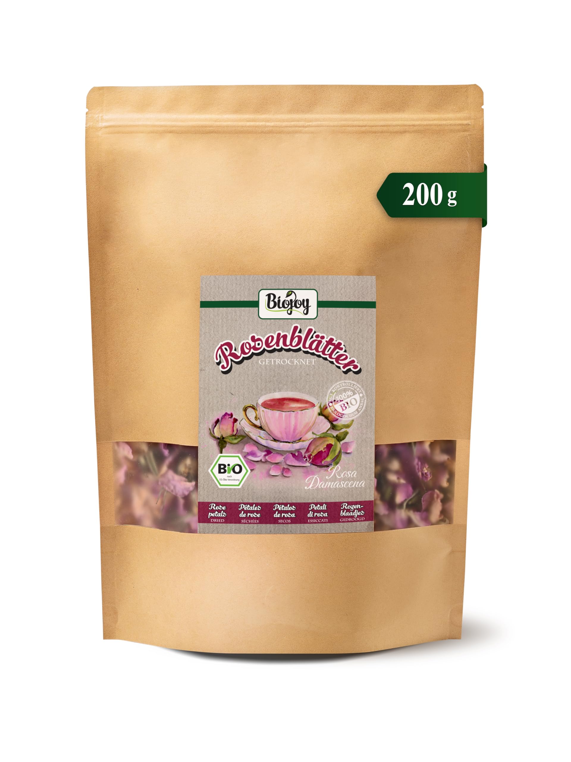 Biojoy BIO-Rosenblätter getrocknet (200 g), essbar, ideal für Tee oder Deko (Rosa Damascena)
