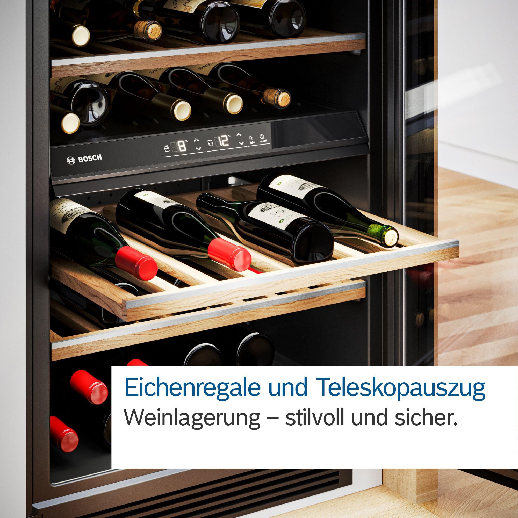 Bosch KWK16ABGB - Frigorifero per vino serie 6, 81,8 x 60 cm, 44 bottiglie, temperatura: 5 – 20 °C, due zone di temperatura, 120 l, due intervalli di temperatura; illuminazione a LED; scaffali in