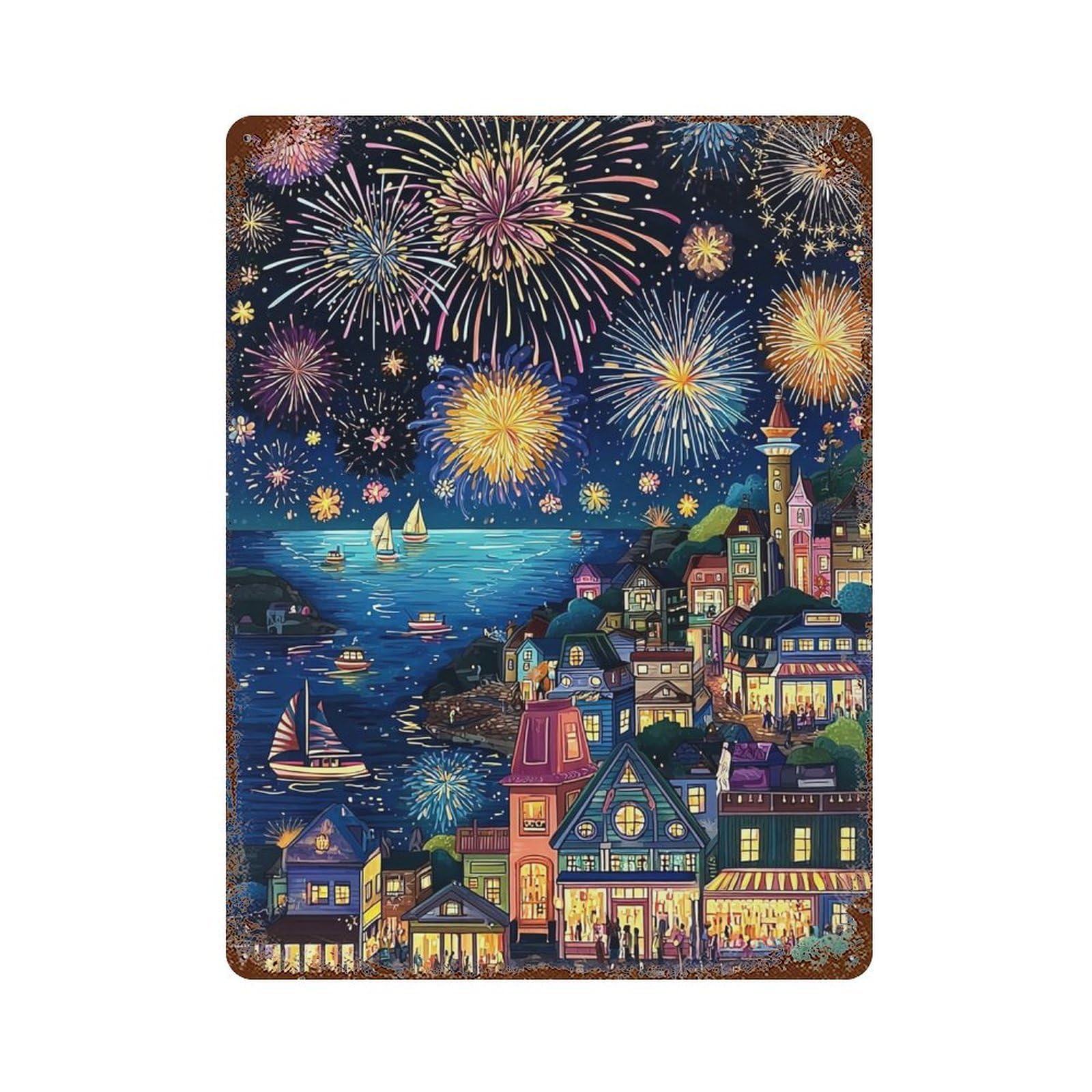Rust Effect Tin Sign City Night Festive Fireworks 15.7"x11.8", Industrial Home Decor for Garage, Bar And Workshop Decor