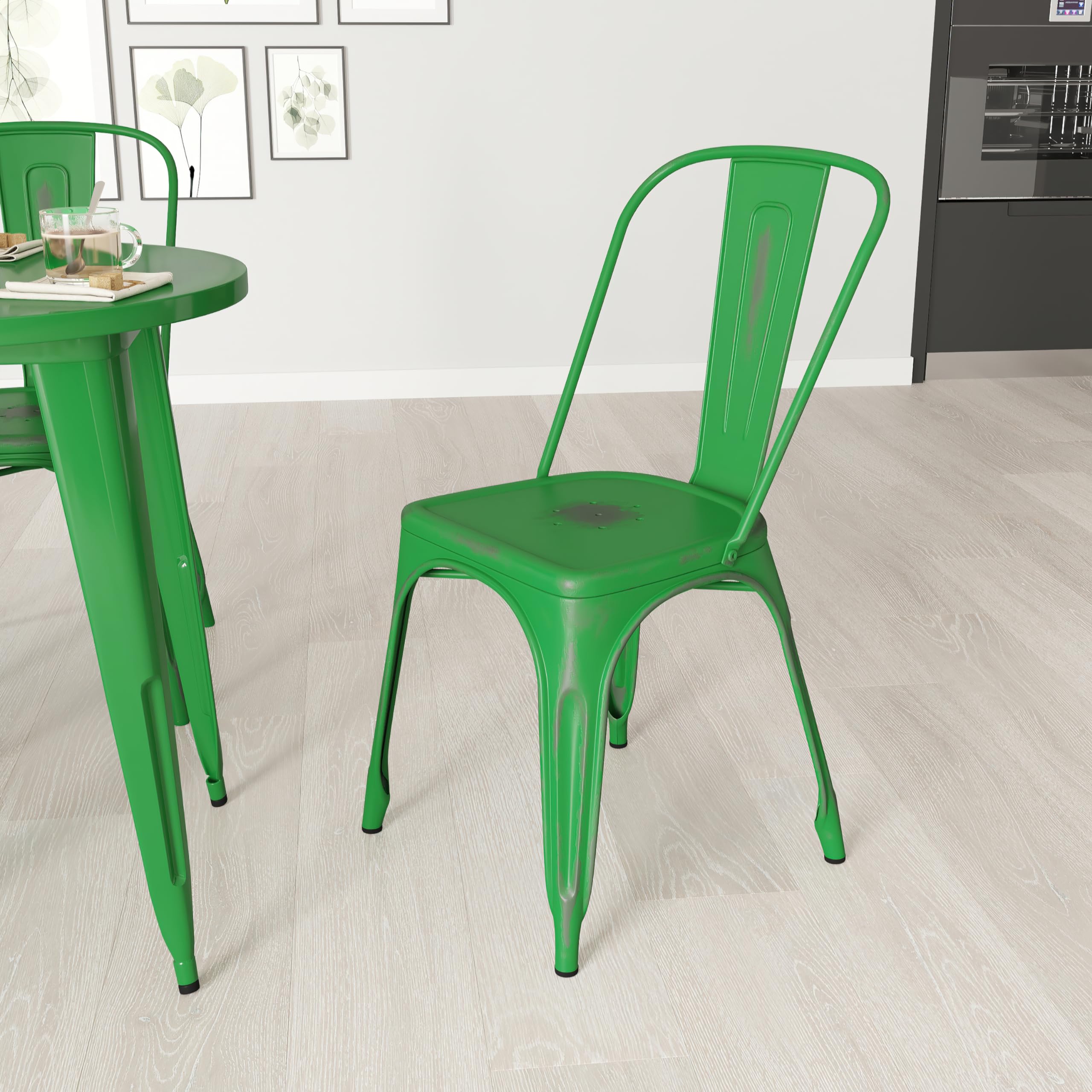 Merrick Lane Banks Stacking Dining Chair - Green Metal Frame - Distressed Powder Coated Finish - Curved Slat Back - 500 lb. Static Weight Capacity