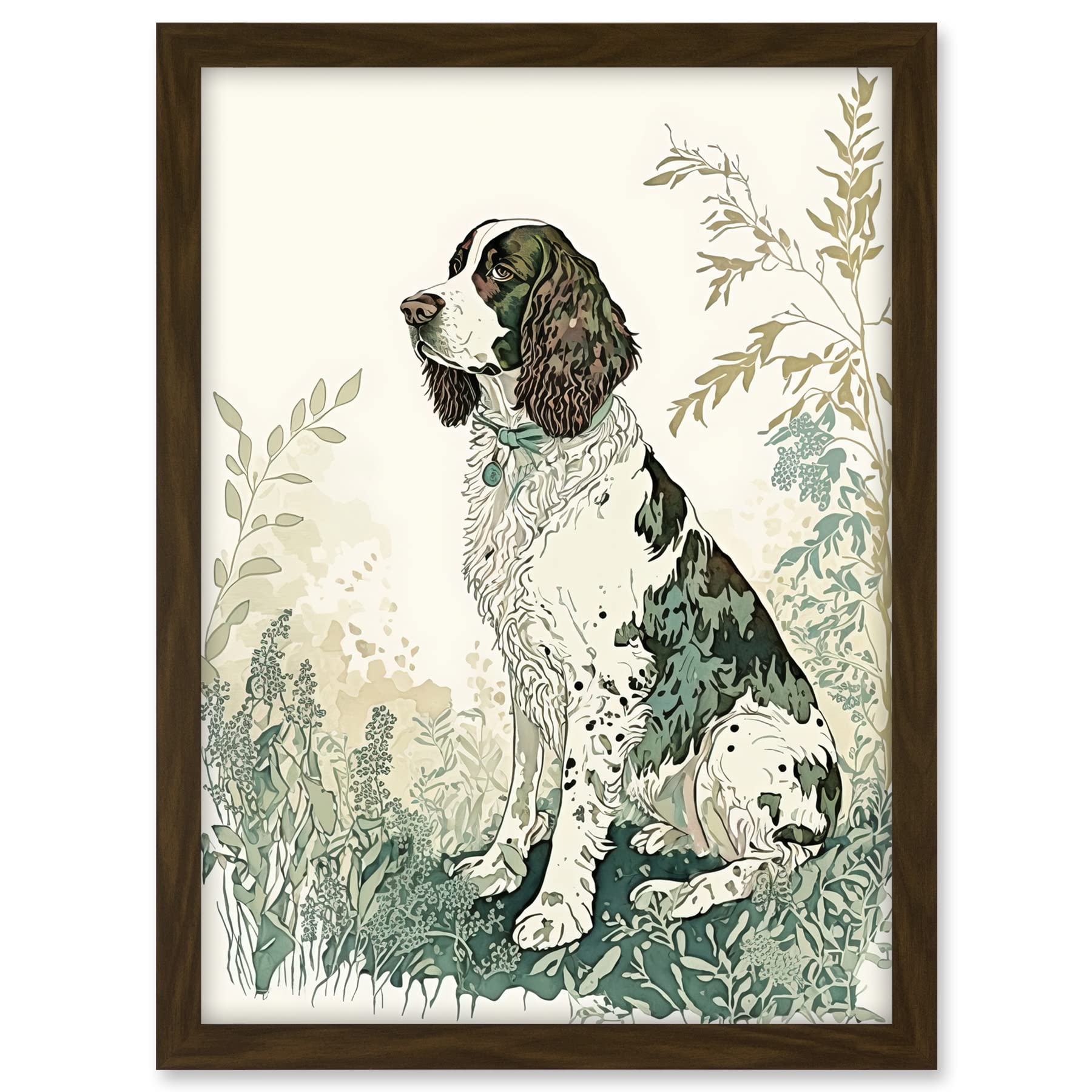 Artery8 English Springer Spaniel Dog in Field Modern Pastel Watercolour Illustration Artwork Framed A3 Wall Art Print