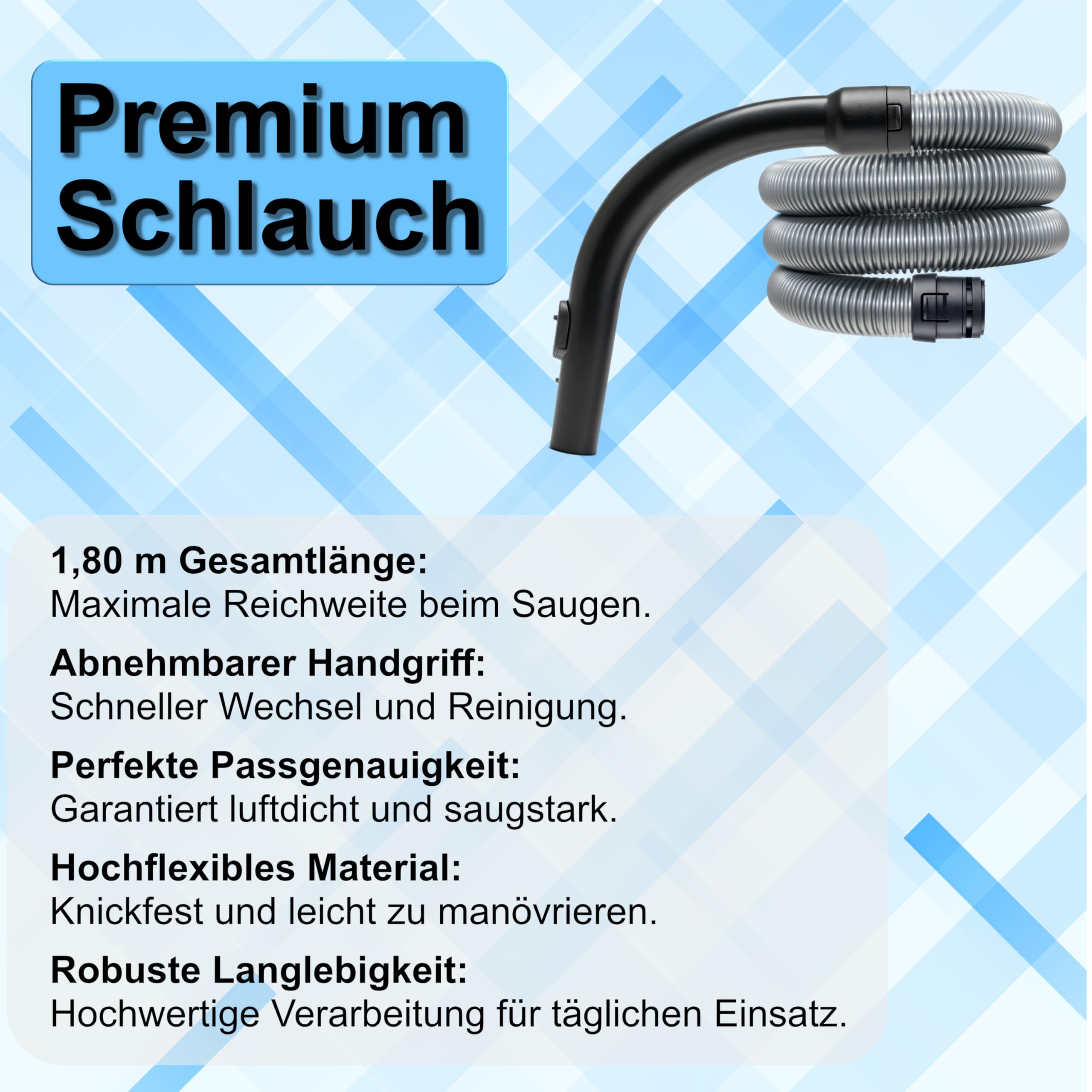 Staubsaugerschlauch kompatibel mit Miele Staubsauger Classic c1 Ersatzteile | DeClean Schlauch passend für Complete C1, Classic Jubilee, Ecoline, Tango | 1,8m (180cm) Premiumschlauch