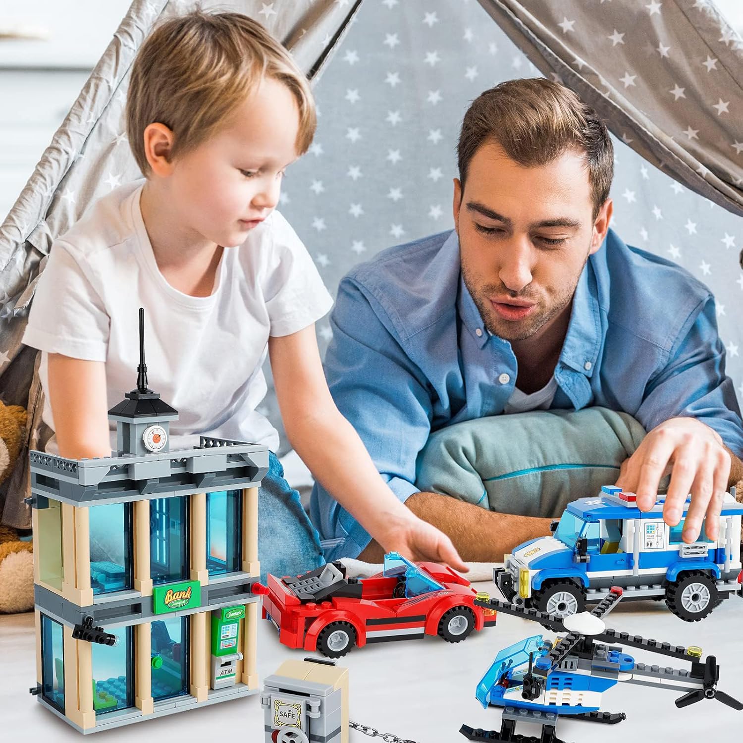 City Police Catch Thief Building Block Set with Cop Car, Bank, Helicopter, Getaway Sports Car, Fun Police Chase Toy for Kids, Best Learning & Roleplay STEM Toy Gift for Boys Girls Ages 6+ (625pcs)