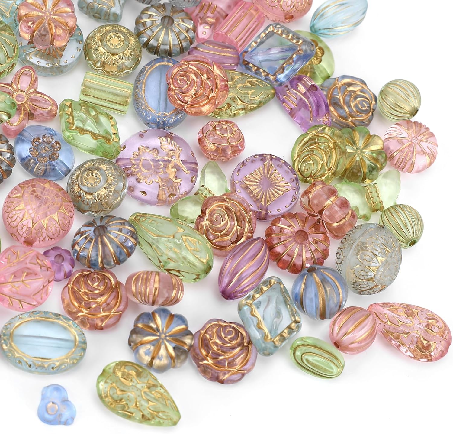 70 Pcs Cute Assorted Kawaii Aesthetic Beads Assorted, Unique Bohemia Acrylic Beads, Flower Heart Butterfly Round Oval Czech Bead Bulk Metal Enlaced Transparent Aesthetic Bead for Jewelry Making DIY