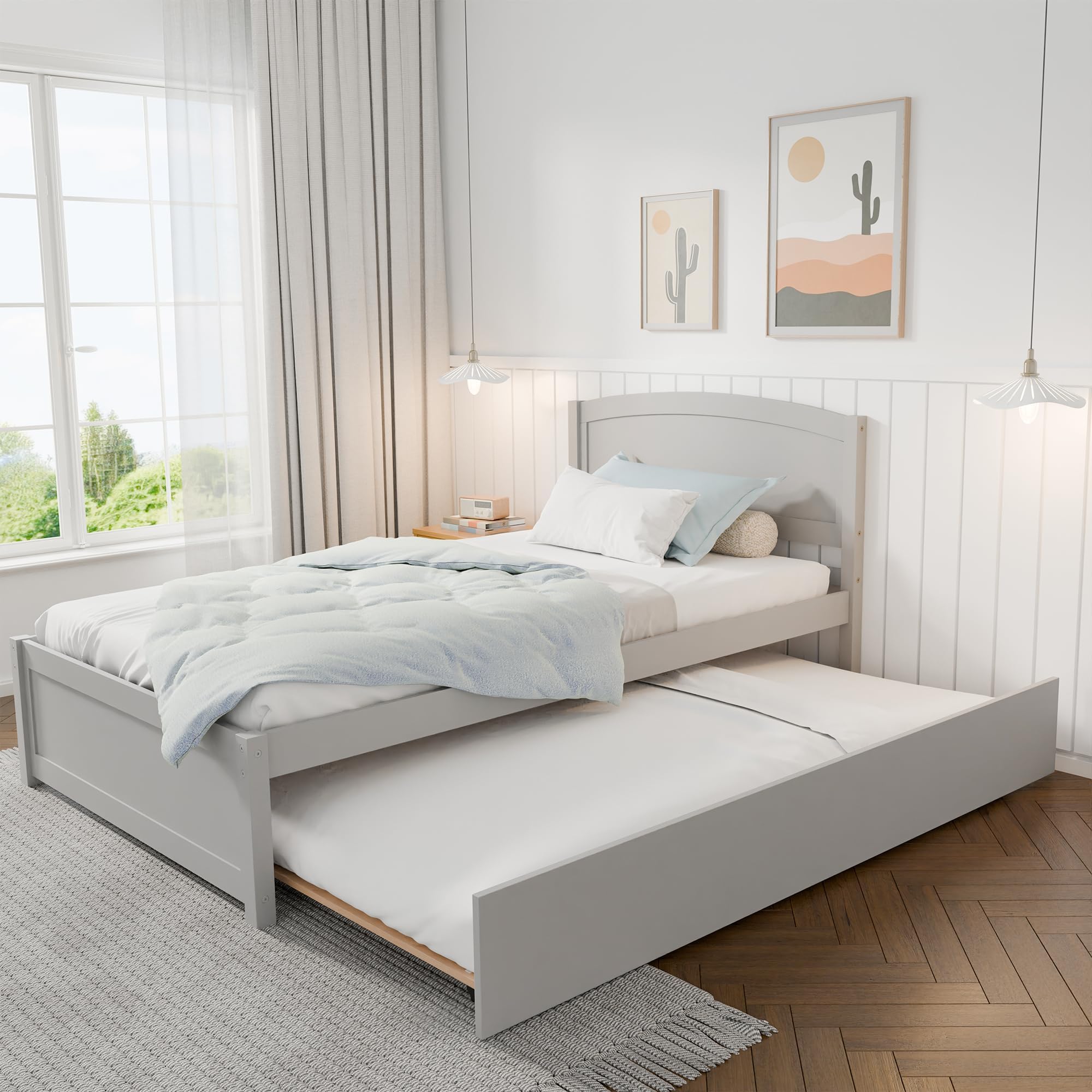 (incomplete)Daybed with Trundle, Twin Size Pull Out Bed, Solid Wood Extendable Day Bed with Trundle Bed Twin, Include Slat Support (Grey, Trundle)