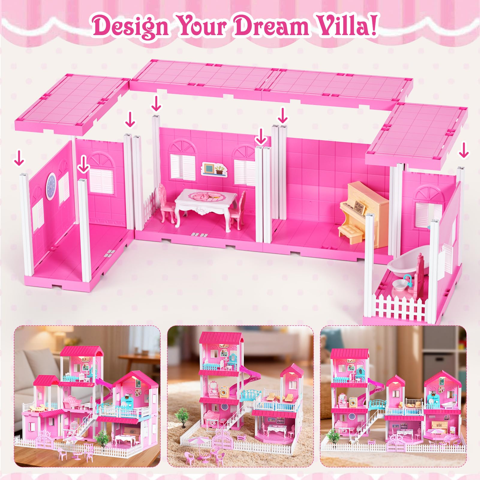 Amazon.co.jp: Toylink ピンクドールハウス 女の子用 3階建てのヴィラ
