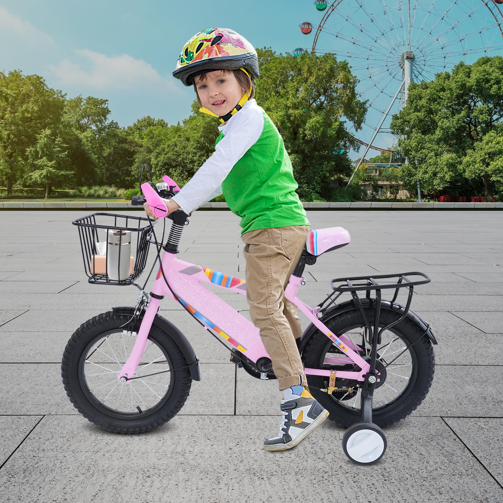 Bicicleta infantil de 14 pulgadas, bicicleta con ruedas estabilizadoras y cesta, bicicleta para niños y niñas a partir de 3 años, altura del asiento ajustable, color rosa