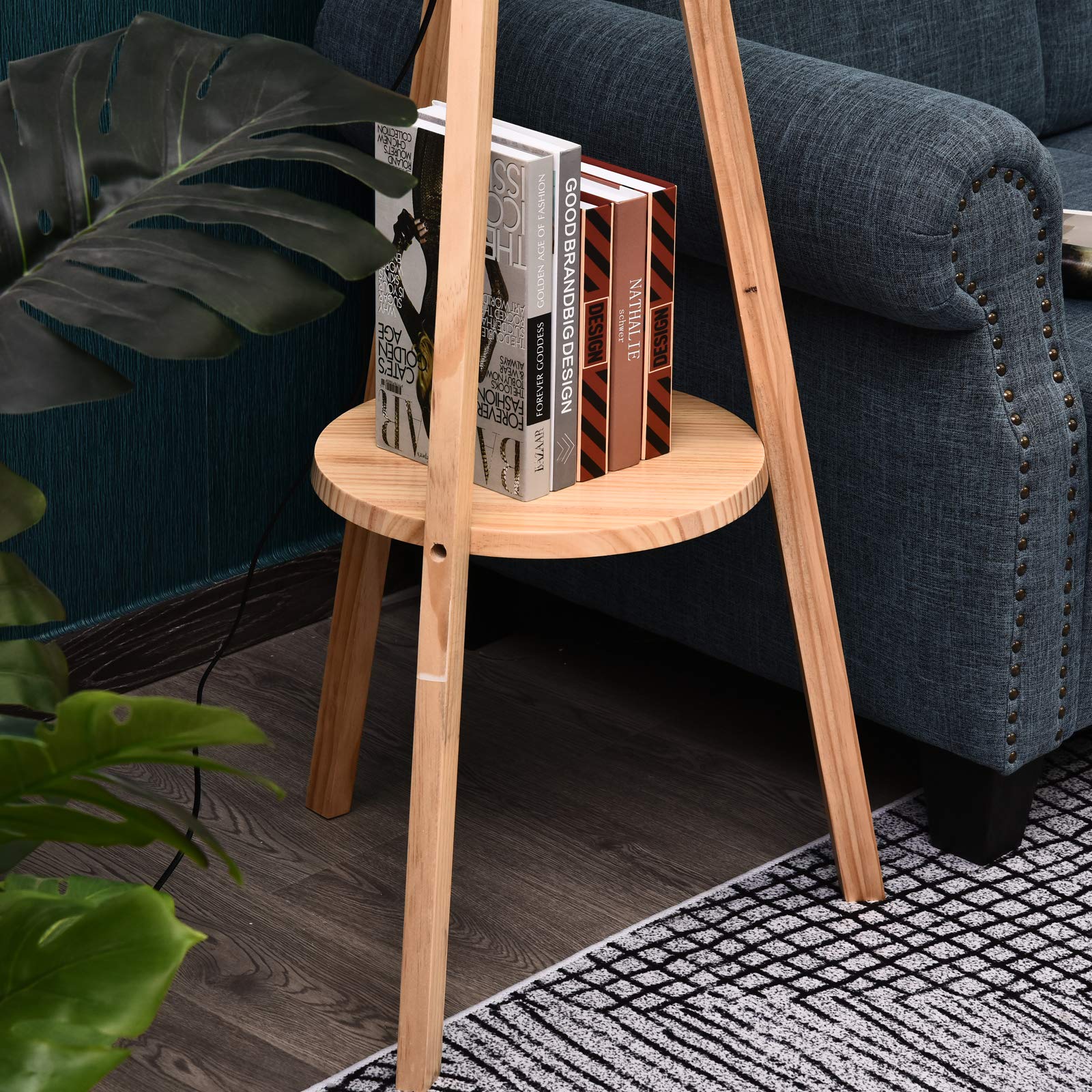 HOMCOM Lámpara de Pie Trípode con Estante Pantalla de Lino Beige y Natural | Lámpara de Salón, Interruptor de Pie, para Sala de Estar, Oficina, Dormitorio