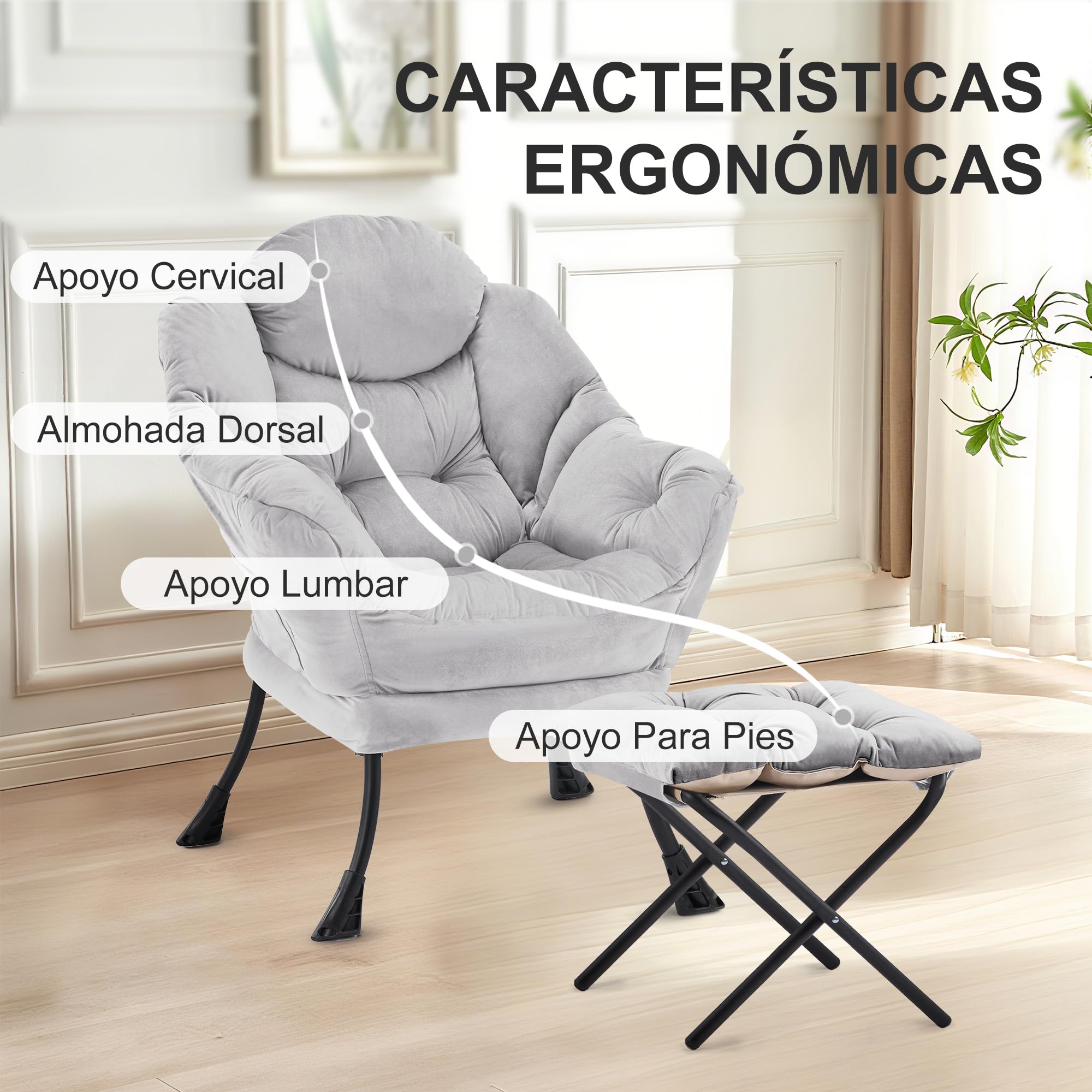 Sillón para Salón con Reposapiés, Sillón de Lectura de Relax, Ocio Cómodo para Sala y Dormitorio con Reposapiés y Bolsillo Latera(Gris Claro)