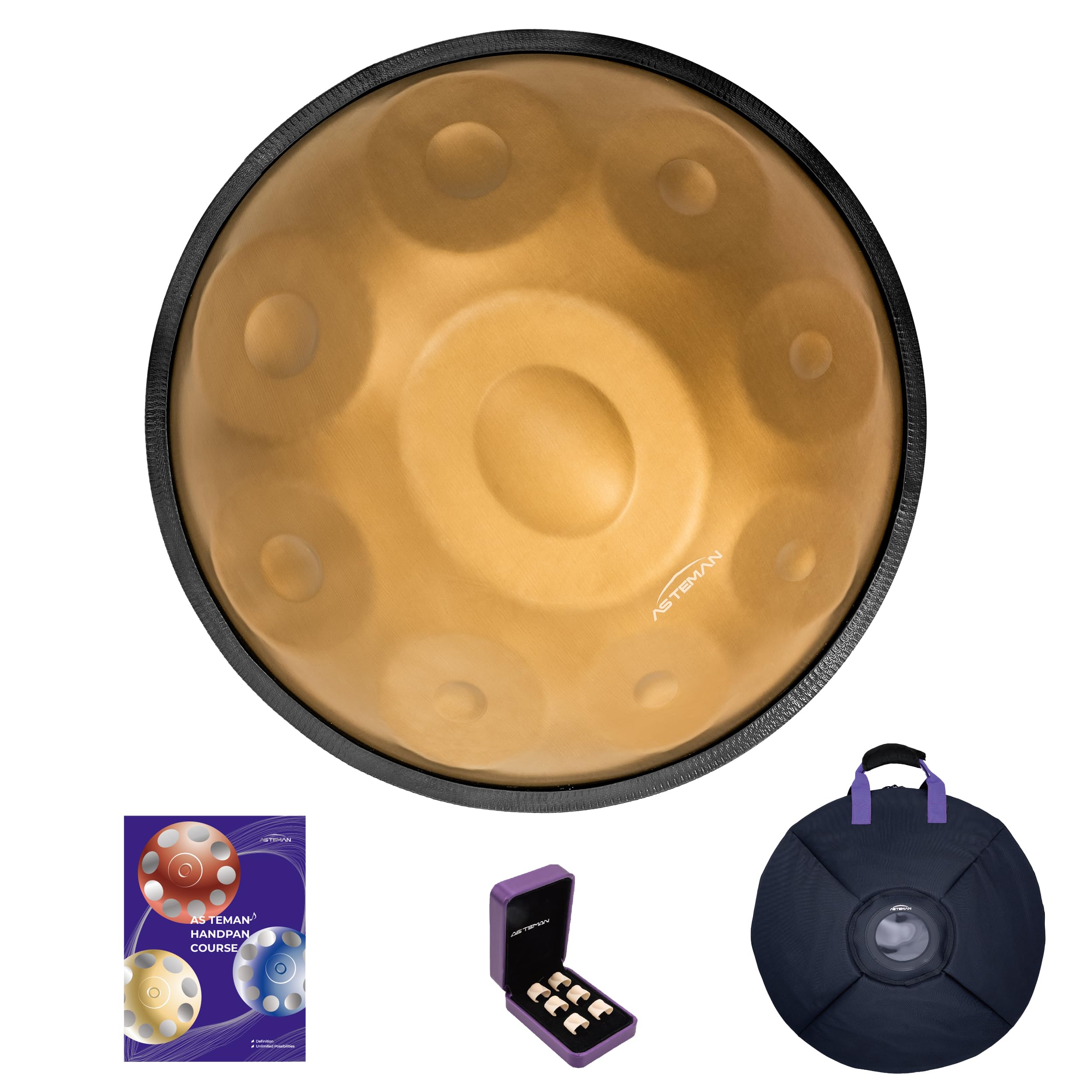 ASTEMAN Handpan D-moll, 18 cali, z 9 nutami, w zestawie plecak, kurs, kostki do palców, stojak, ściereczka do czyszczenia i dwa młotki. (Złoty, 432Hz)