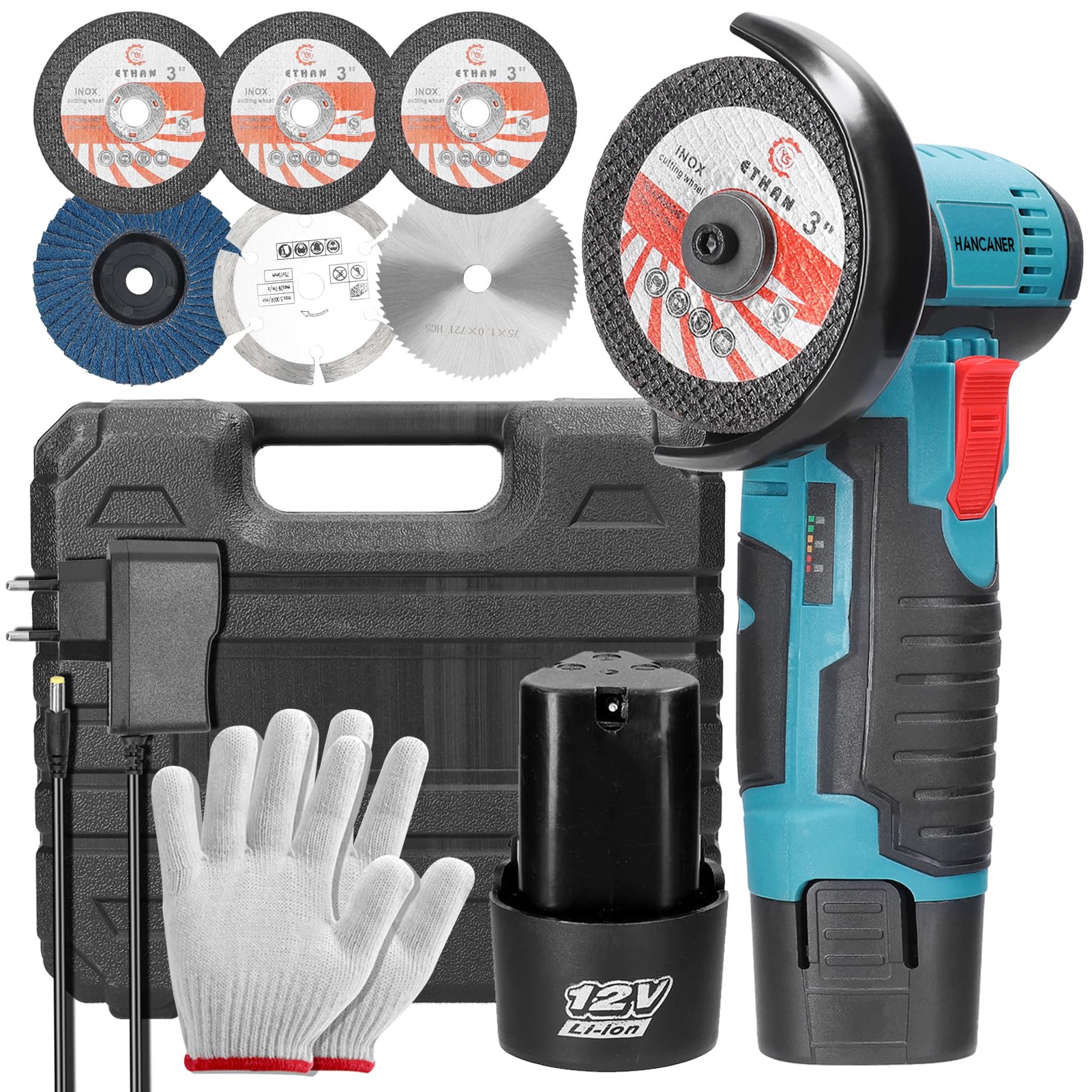 Hancaner Mini Cordless Angle Grinder 19500RPM 12V Professional Cordless Disc | 2 x 2.0Ah Battery | 6 x 76mm Cutting Discs | Cordless Angle Grinder for Grinding and Cutting
