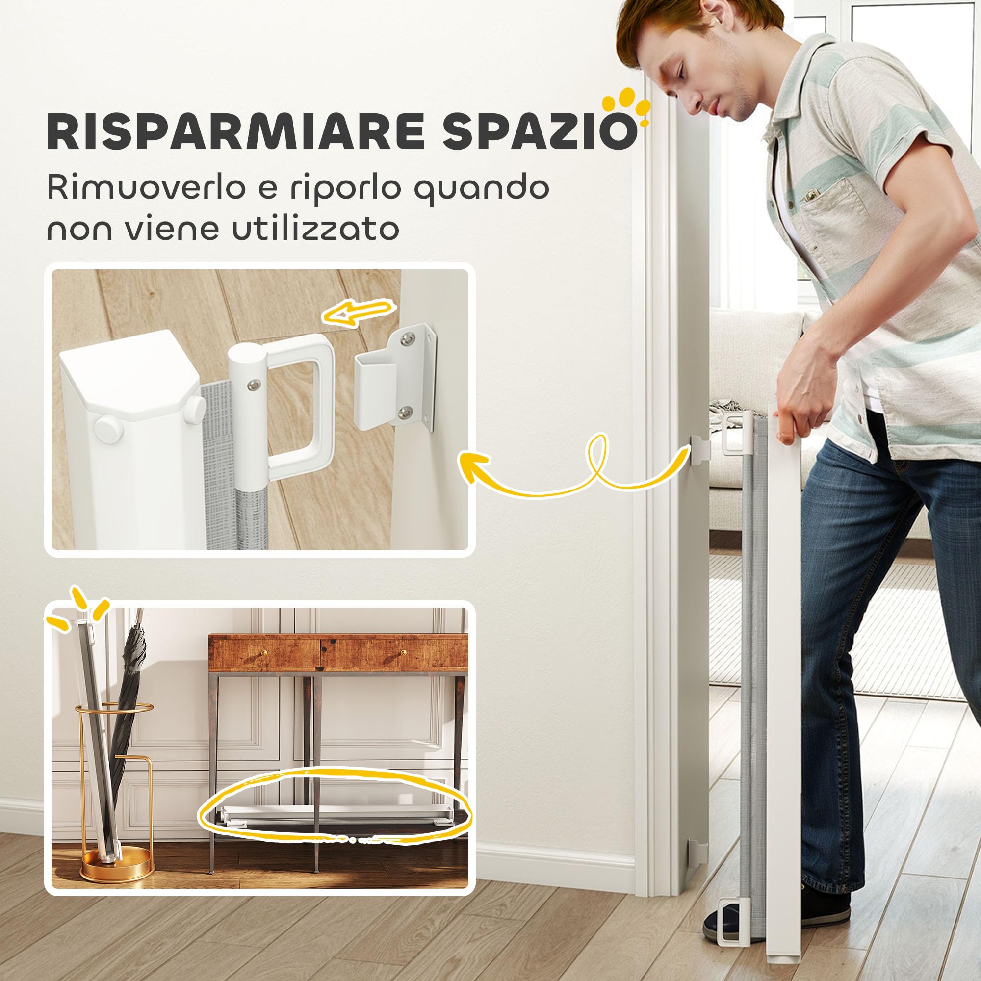 PawHut Cancellino per Cani Estensibile fino a 115 cm con Viti e Gancio, Cancelletto di Sicurezza in Poliestere e Acciaio, 115x82.5 cm, Bianco e Grigio