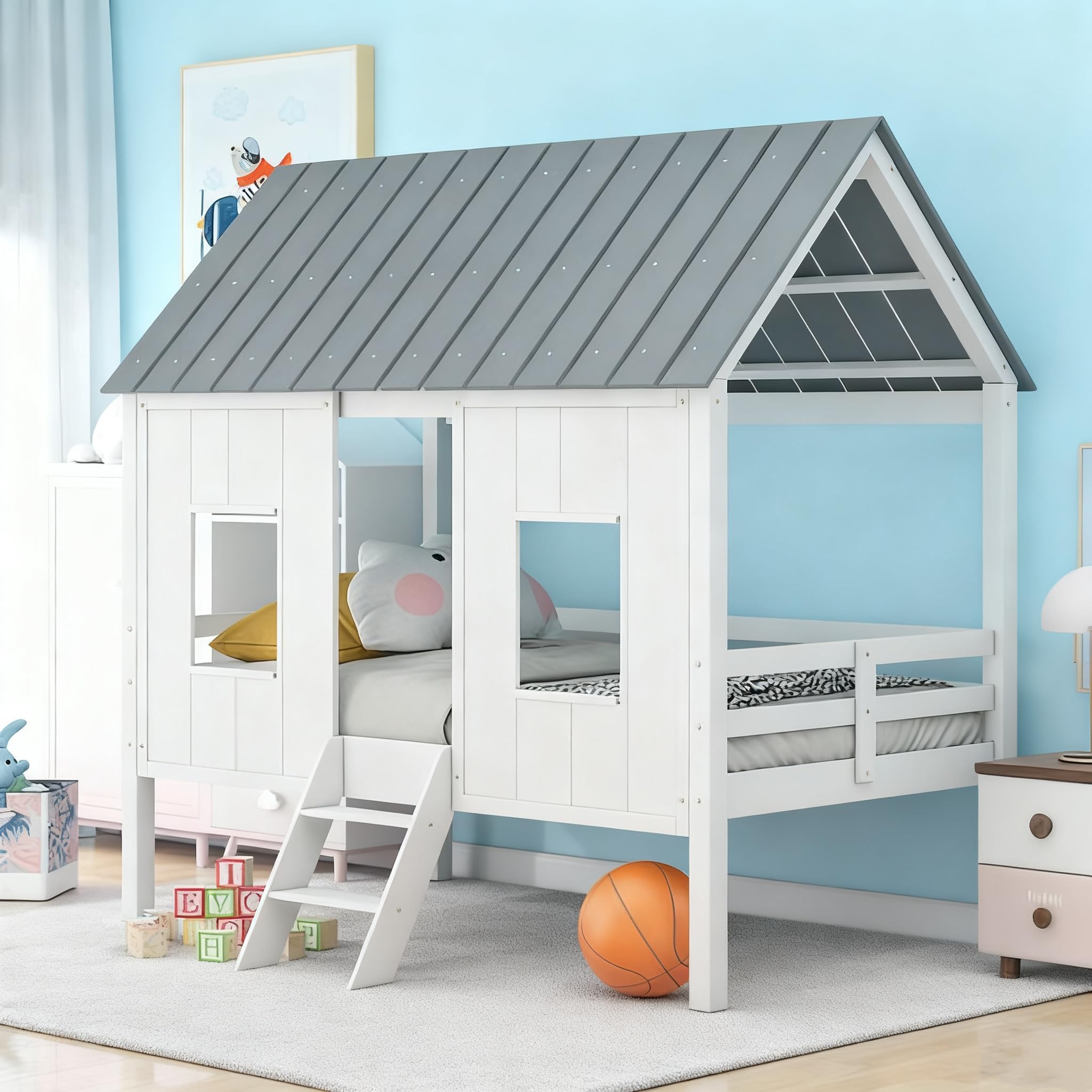 Twin Size Low House Loft Bed, White
