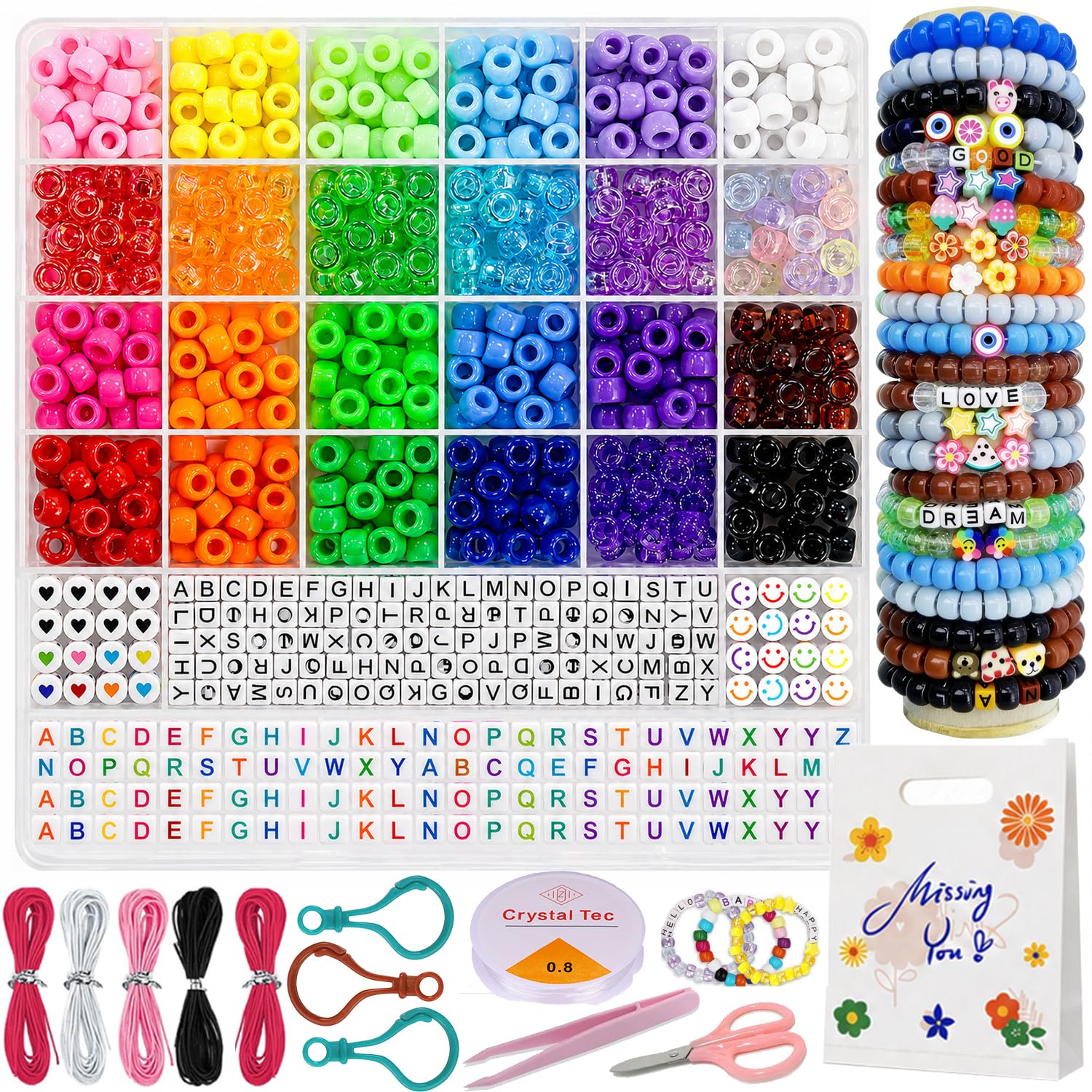 LYMOOR Pony Beads Set, with Gift Bag, 1150pcs Kandi Bead Bracelet Making kit, 300 Letter Beads, for Necklace Jewelry Making Earring Hair Braiding Plastic Bead Crafts Girls Gift