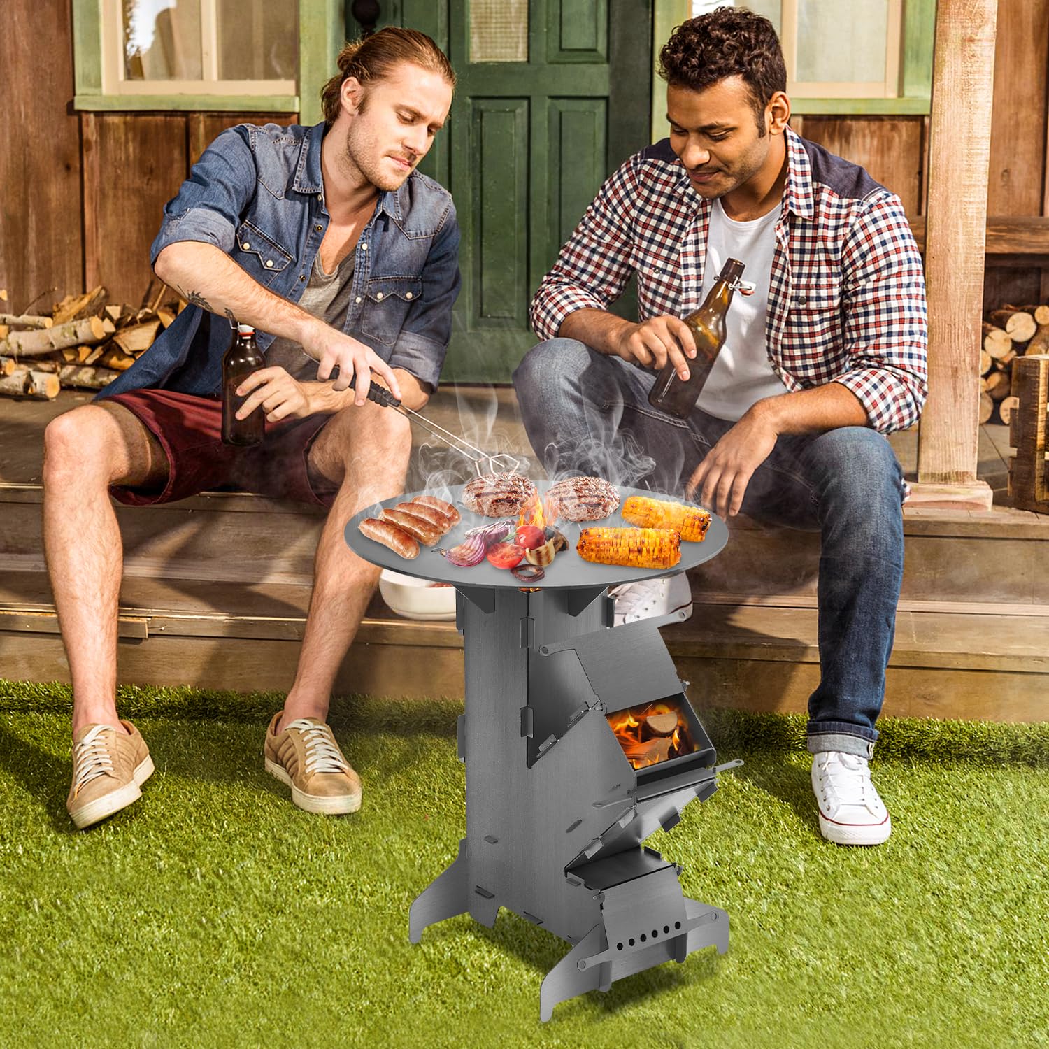 Raketenofen mit Grillplatte und Feuerhaken, Rocket Stove Outdoor, Stecksystem, 3 mm dickem Stahl, Holzofen Campingofen Pelletofen für Dutch Oven BBQ