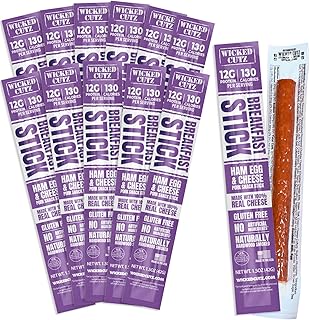 Wicked Cutz Ham Egg and Cheese Stick, 12g Protein Per Gluten Free Breakfast Stick, USA Made High Protein Carnivore Snacks, Breakfast Meat Sticks (12 Sticks)