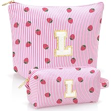 Personalized Initial Makeup Bag Pouch,Cute Strawberry Makeup Organizer bag | Preppy Cosmetic Toiletry Travel Bag,Trendy Stuff Letter Pouch for Girls Women Birthday Gift,Makeup Bag Set,2 Pack