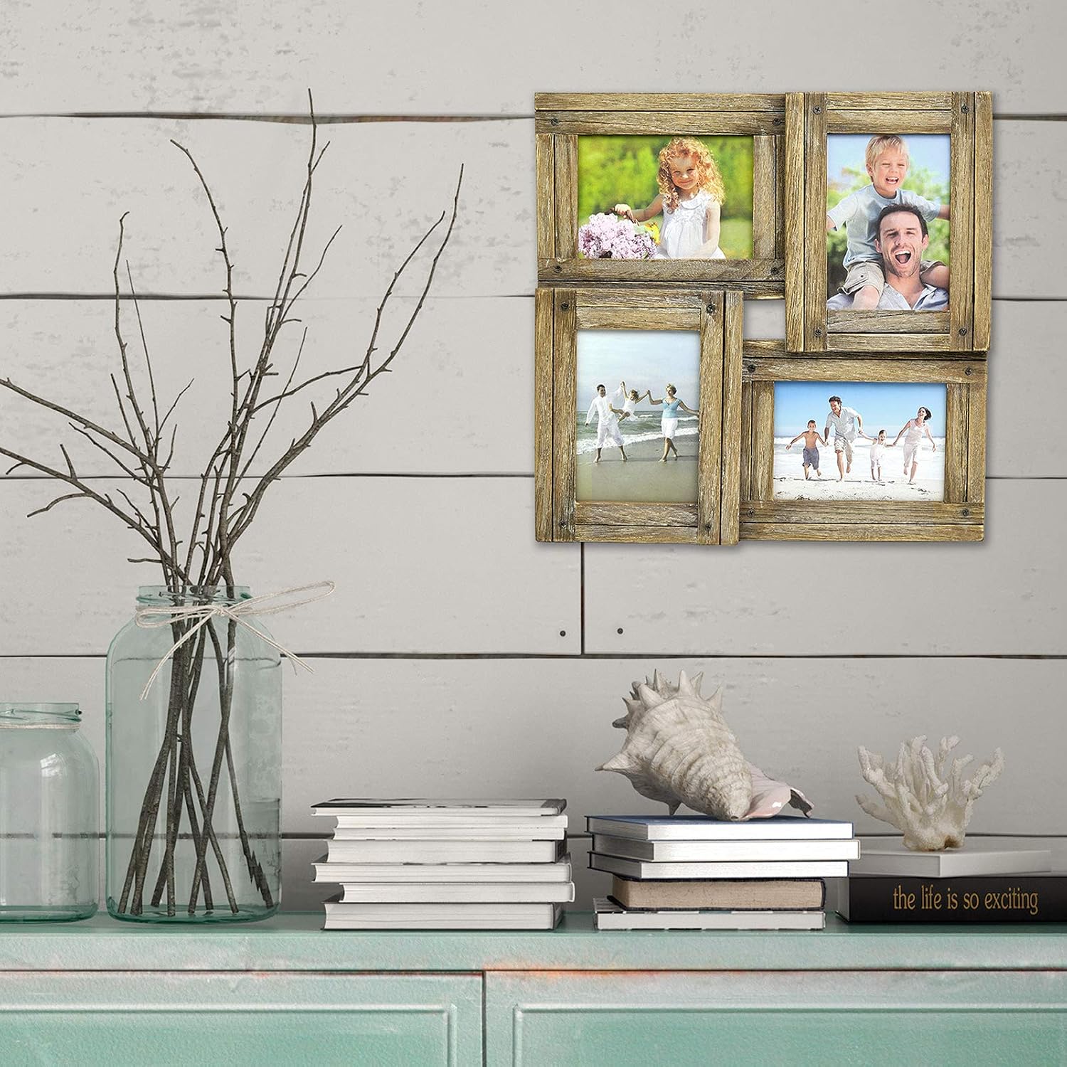 Collage Picture Frames from Rustic Distressed Wood: Holds Four 4x6 Photos: Ready to Hang. Shabby Chic, Driftwood, Barnwood, Farmhouse, Reclaimed Wood Picture Frame Collage (Rustic Brown)