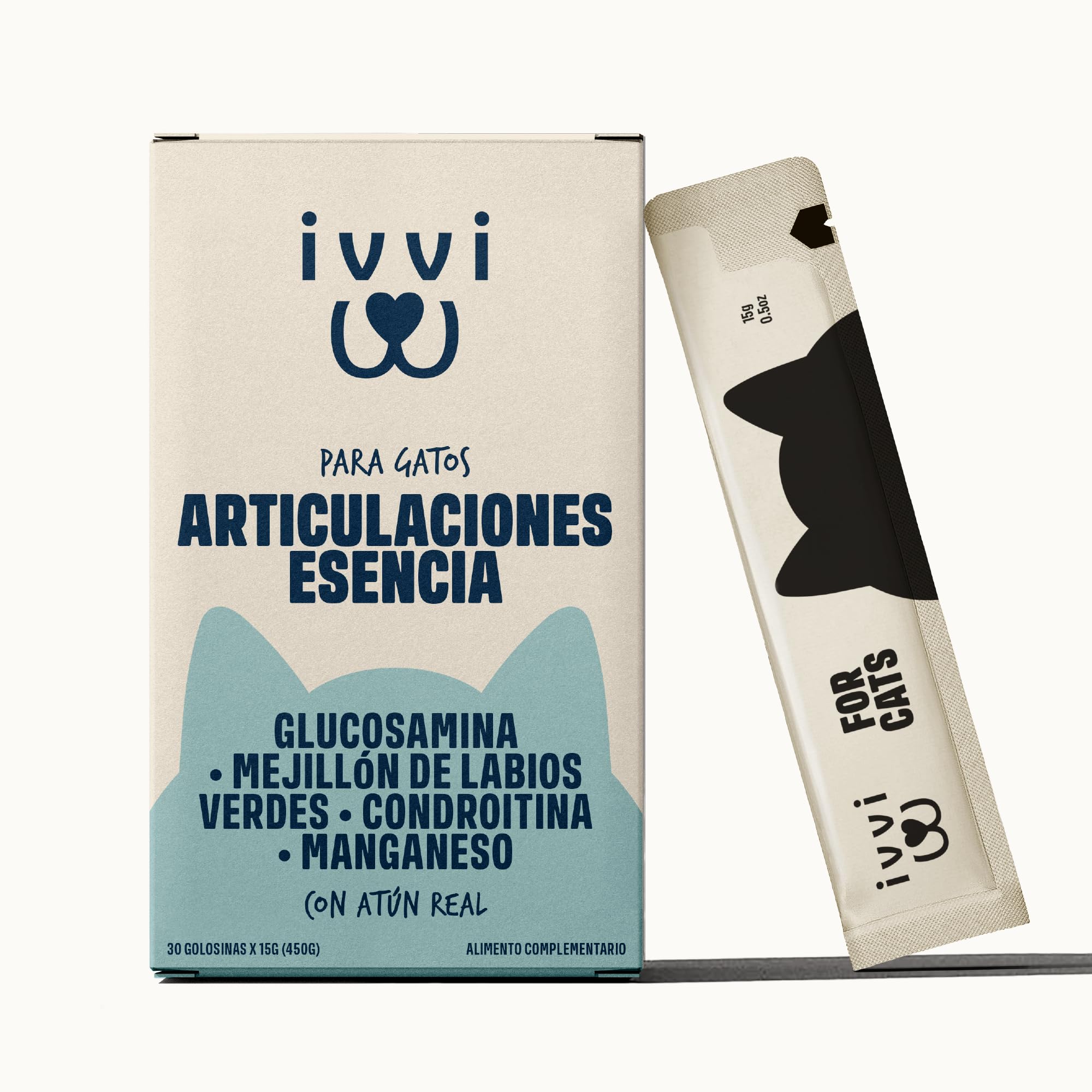 ivvi Hip & Joint Essence para Gatos – Crema Funcional para Las Articulaciones con Glucosamina, Condroitina, Mejillón de Labios Verdes y Aceite de Salmón – Ayuda Articular – 30x15g – con Atún Real