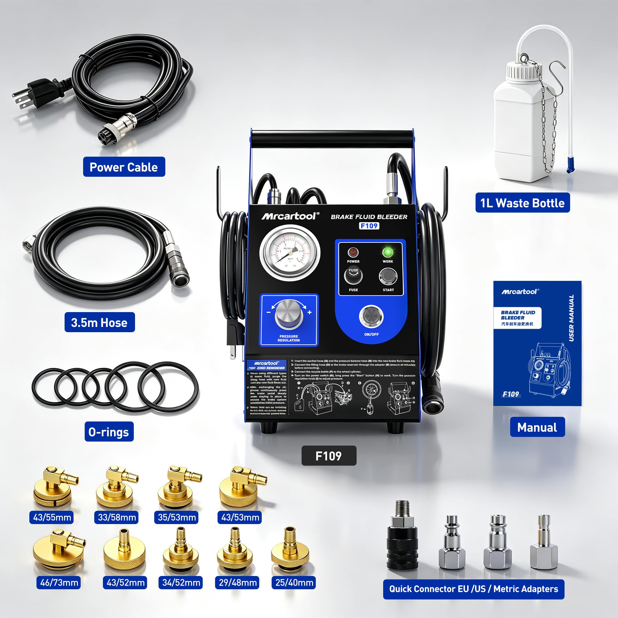 MR CARTOOL F109 samochodowy odpowietrzacz hamulców 220 V, pulsujący automatyczny zestaw odpowietrzający hamulców z 9 adapterami, przepływ 1,6 l/min, 0,5 ~ 2,5 bara, narzędzie do ekstrakcji próżniowej