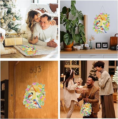 Miniatura 7 de VAIIEYO 1 pieza 5D DIY flores pájaros casa diamante pintura arte corona adornos colgantes, kit de colgante de doble cara con cadena, colgante de