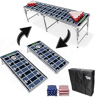2-in-1 Football Cornhole Boards & Party Pong Table w/Optional LED Lights - Choose Your Model