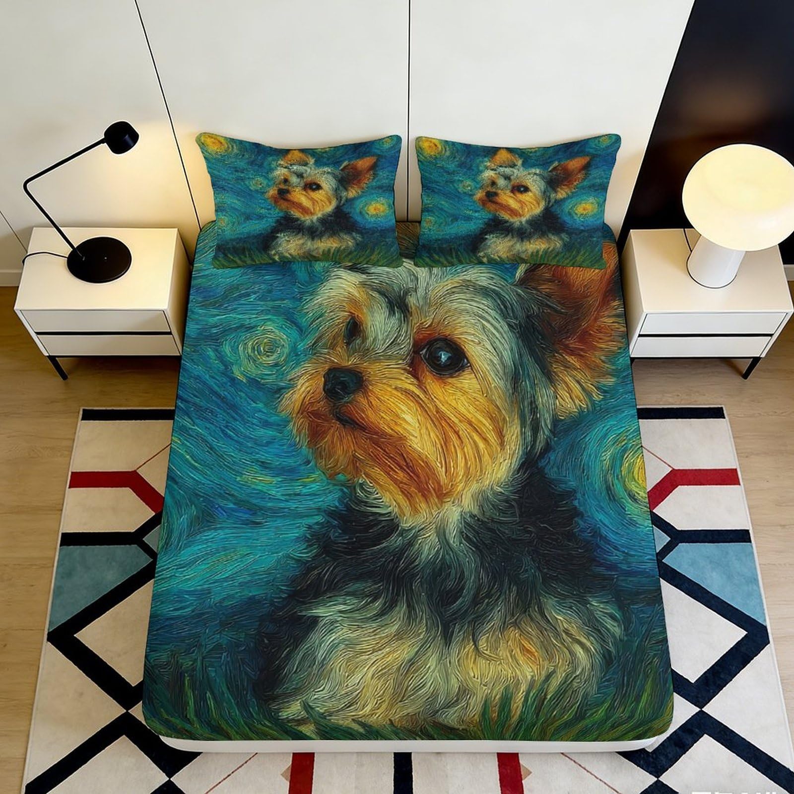 3D Printed Yorkshire Terrier Fitted Sheet Microfiber Soft Artistic Starry Night Bed Cover for Bedroom Dorm Decor 90x200x25cm