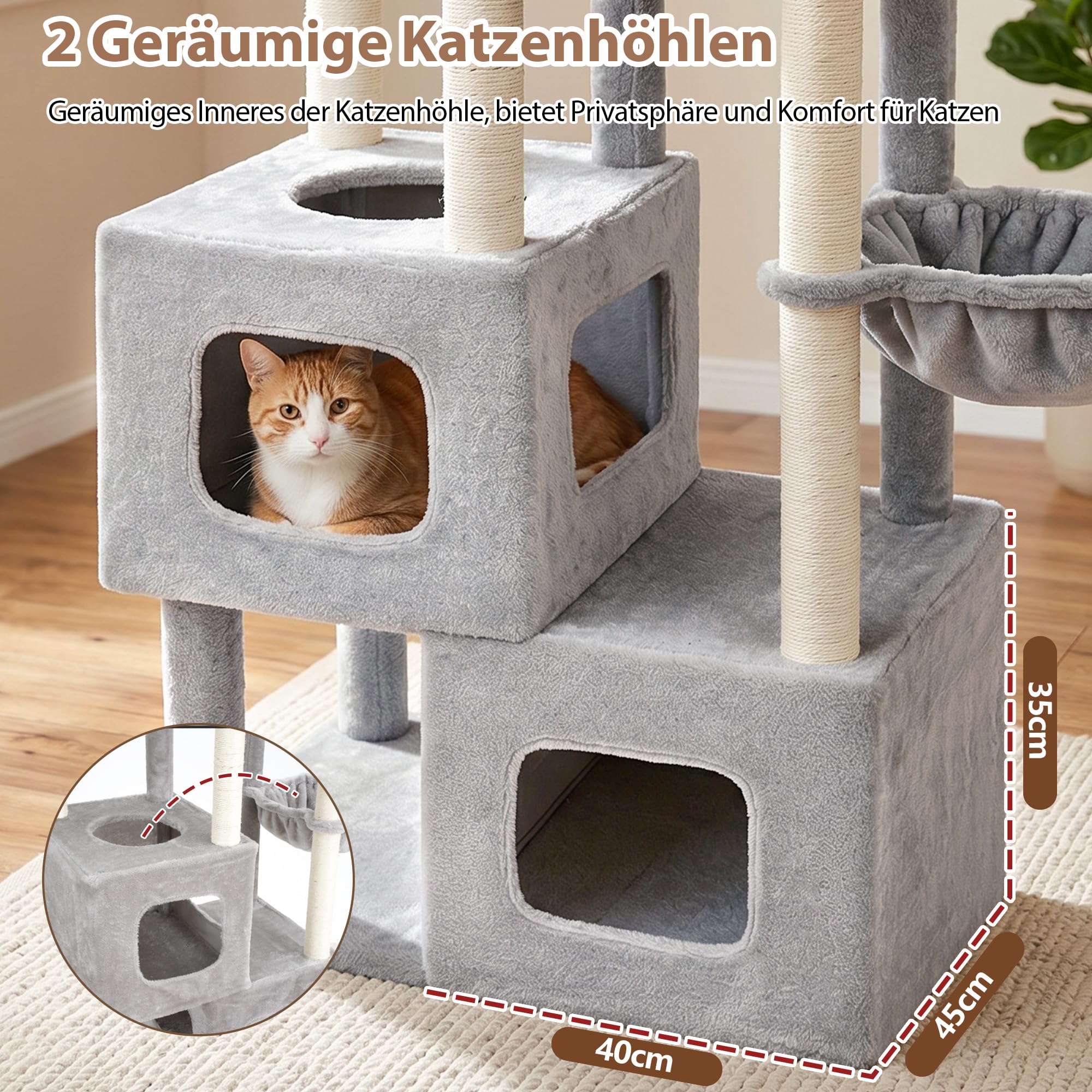 Gitelsnour Kratzbaum stabil, 181 cm hoher Katzenbaum für große Katzen mit 2 Katzenhöhlen, 3 Aussichtsplattformen und 2 Hängekörben, vollverkleidete Sisal-Kratzsäulen & Spielzeuge, Hellgrau GCT801W
