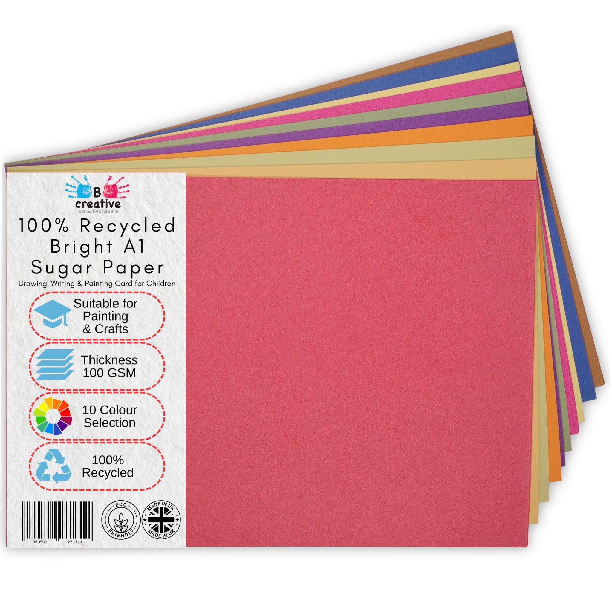 Be Creative Assorted A1 Recycled Sugar Paper Bright Colours 50 Large Sheets In 10 Colours, Great For Arts & Crafts, Drawing, Painting & Scrap Booking. 84 X 60Cm Sheet Size