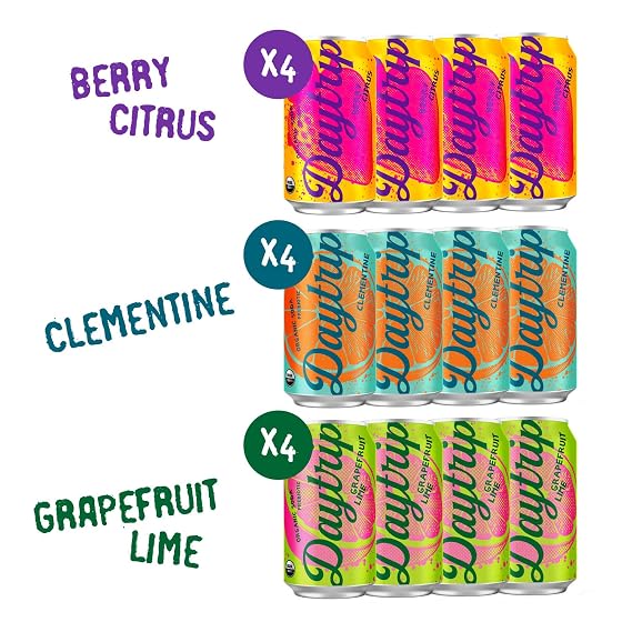 Daytrip Organic Sparkling Prebiotic Soda, Low Sugar Soda and Low Calorie Healthy Soda Alternative, Prebiotic Drink for Gut Health Drink and Digestion, Refreshing Functional Beverage with Plant-Based Fiber, 12-Pack - Fruit Variety Pack
