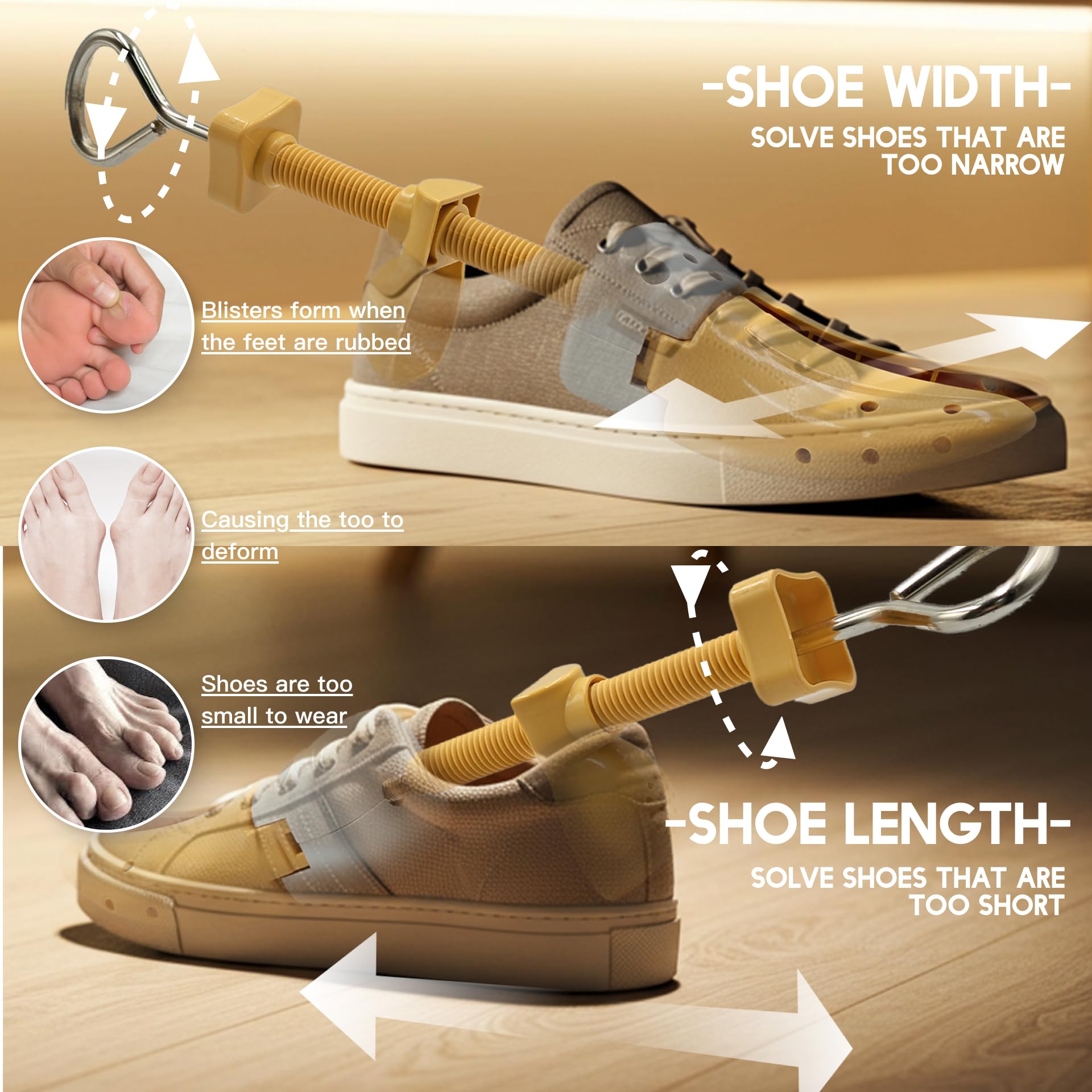 JJDPARTS Estirador de zapatos para mujeres y hombres, par de expansores de zapatos de 4 vías, longitud y ancho ajustables