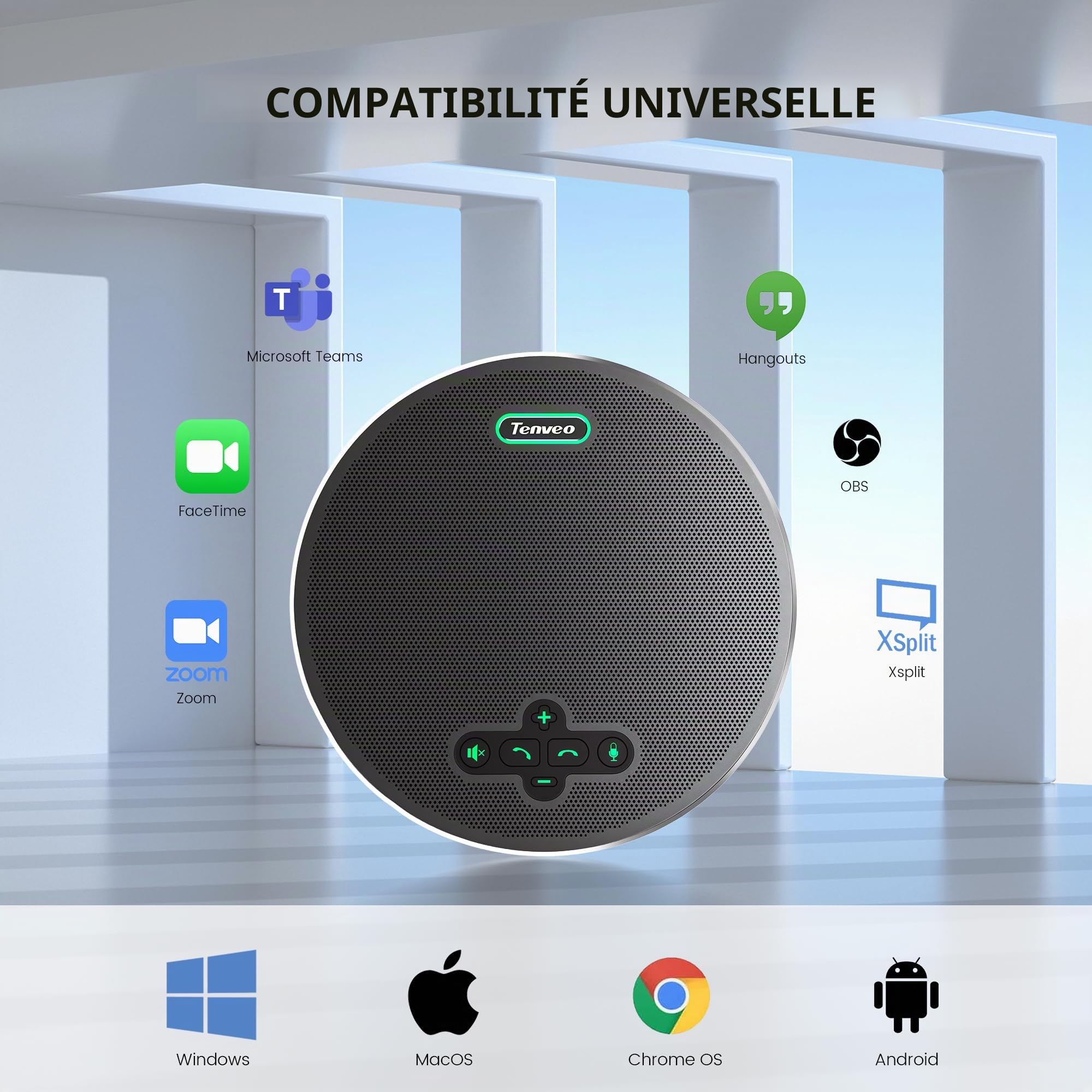 Tenveo Haut-Parleur de Conférence Bluetooth sans Fil, 8 Micros Omnidirectionnels 360°, Portée 6m, 18H Autonomie, Microphone de Réunion USB pour 15 Personnes, Compatible Zoom/Teams/PC
