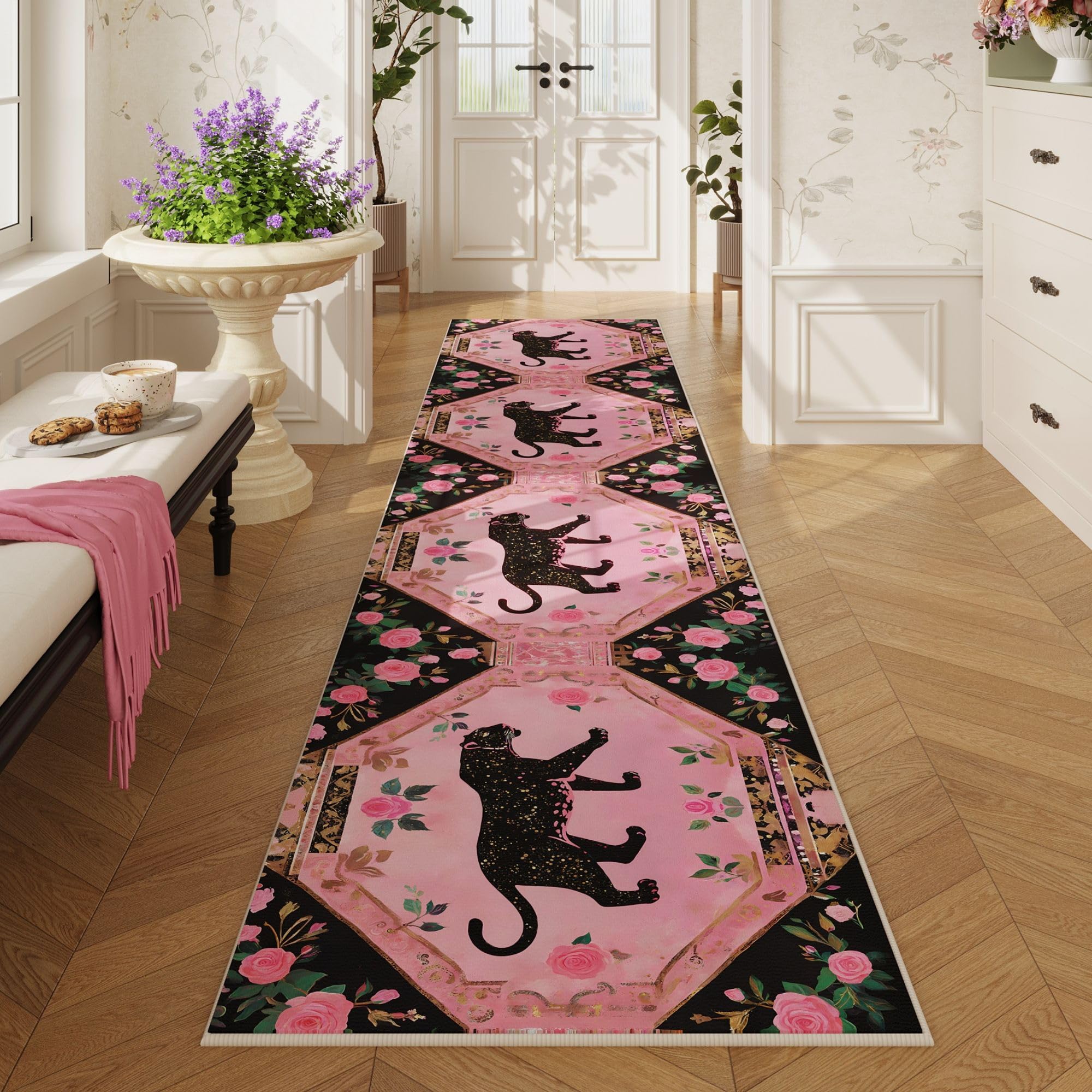 Runners for Kitchen Runner Rug Non Slip 2'x10' Long Washable Rugs with Rubber Backing Soft Retro Lavish Leopard Animal Carpet Runner for Kitchen, Laundry, Bedroom, Bathroom (Black Pink)