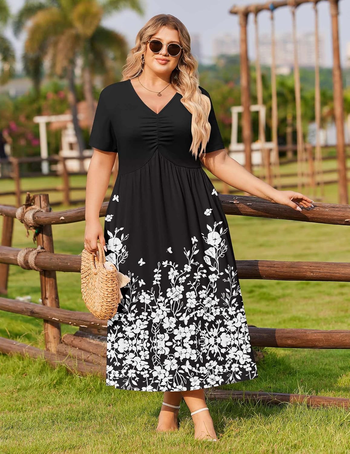 IN'VOLAND Women Plus Size Short Sleeve Dress Summer Casual V-Neck Ruched Aline Midi Dresses with Pockets - Image 4