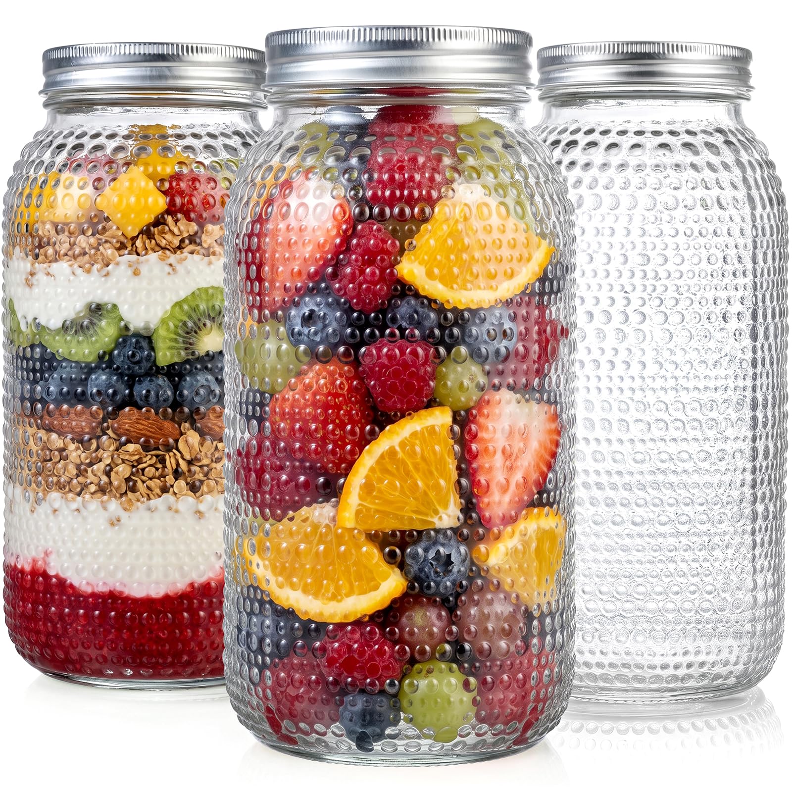 WELLIFE 3 Pack 64 oz Half Gallon Mason Jars, Wide Mouth Glass Jars with Airtight BPA-Free Lids, Raised Dot Texture Large Jars for Canning, Pickling, Fermenting & Food Storage