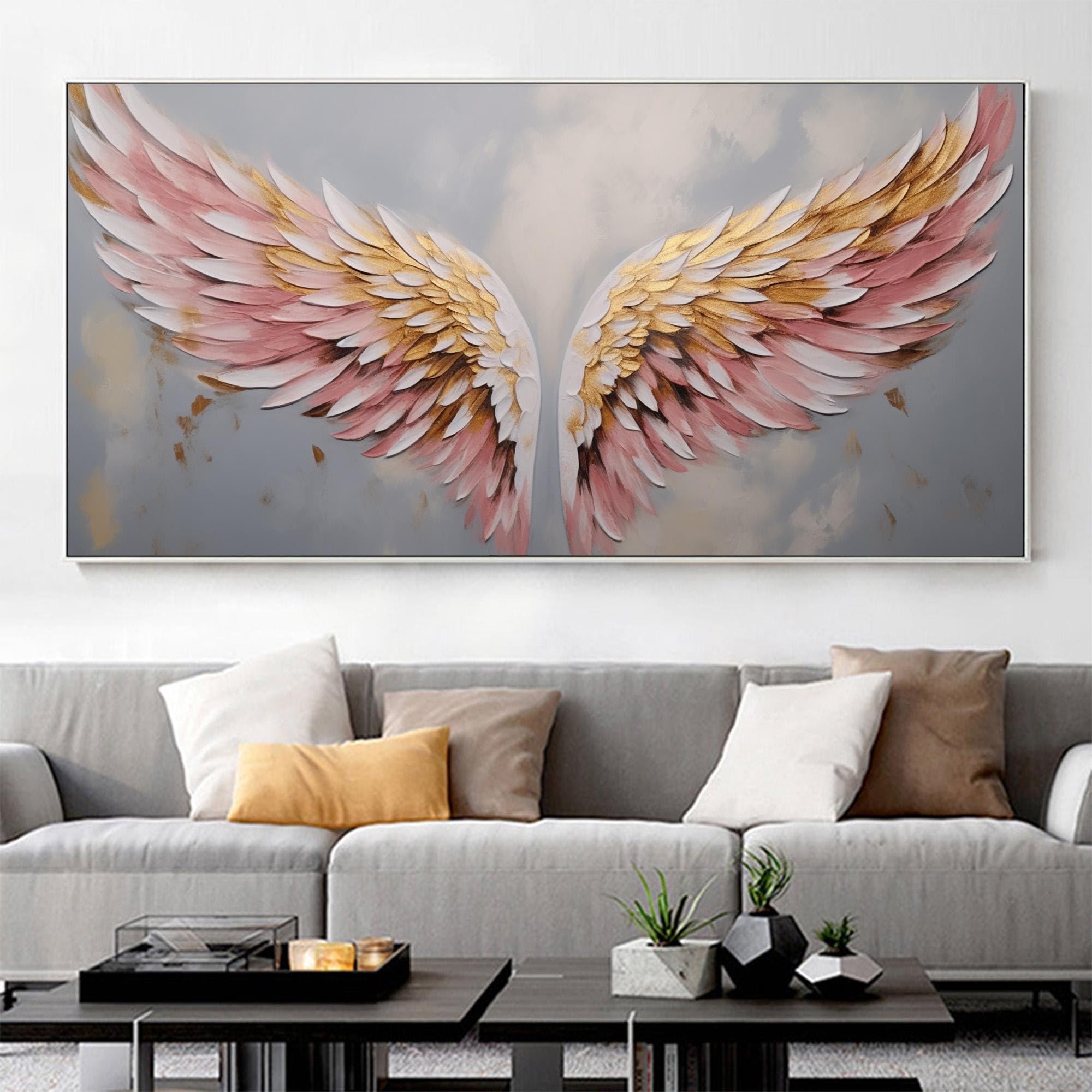 LMYCHENG Pintura al óleo abstracta de alas, impresión en lienzo de arte de alas coloridas, pintura minimalista de plumas para la decoración del hogar en la sala de estar (70x140cm/marco interno)