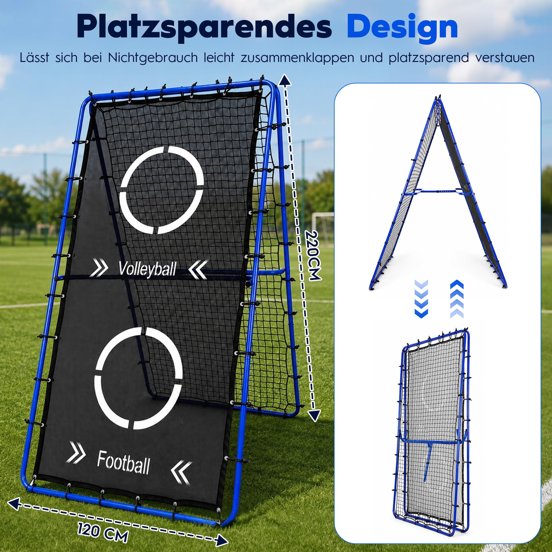 Volleyballnetz, 2,2 x 1,2 m, 6-Fach Verstellbarer Rebounder