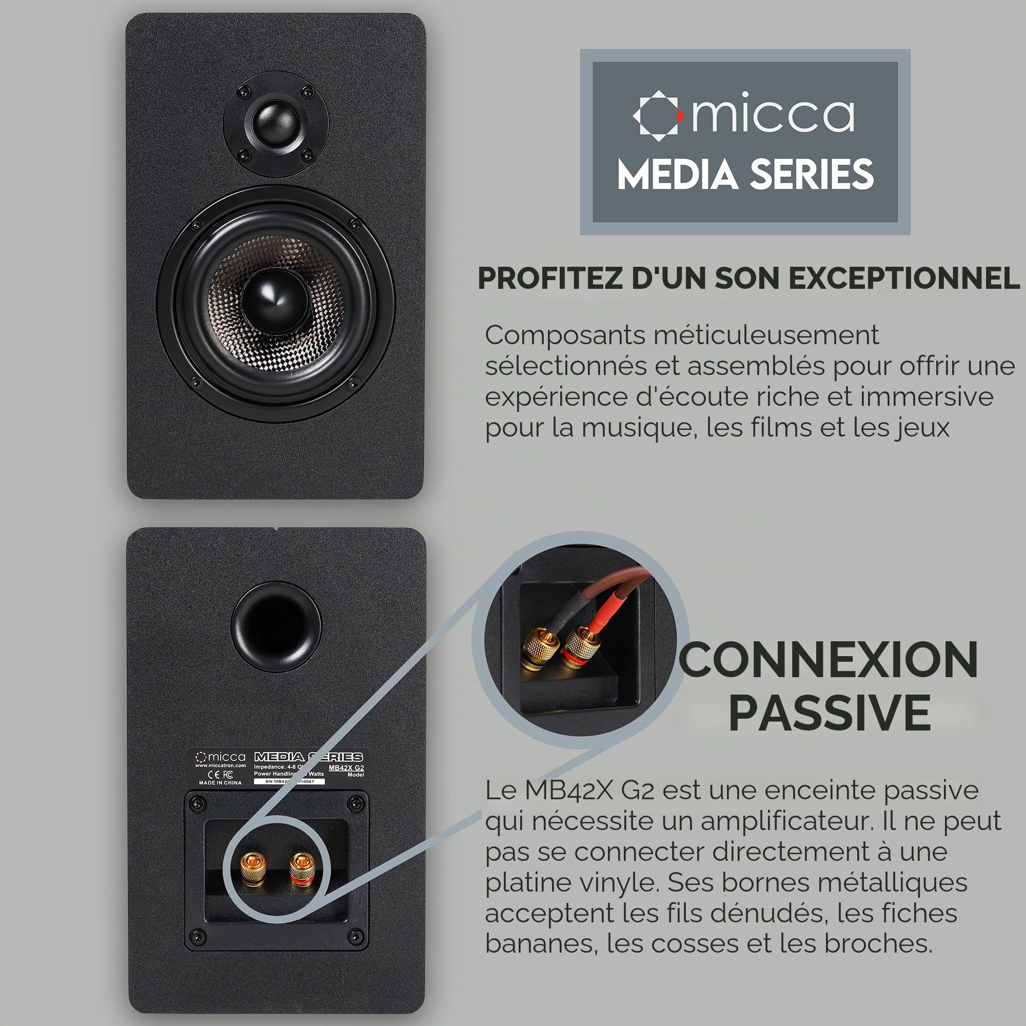 Micca MB42X G2 Haut-parleurs passifs d'étagère pour Son Surround Home cinéma, stéréo et Moniteur de Champ Proche Passif, 2 Voies (Noir, Paire)