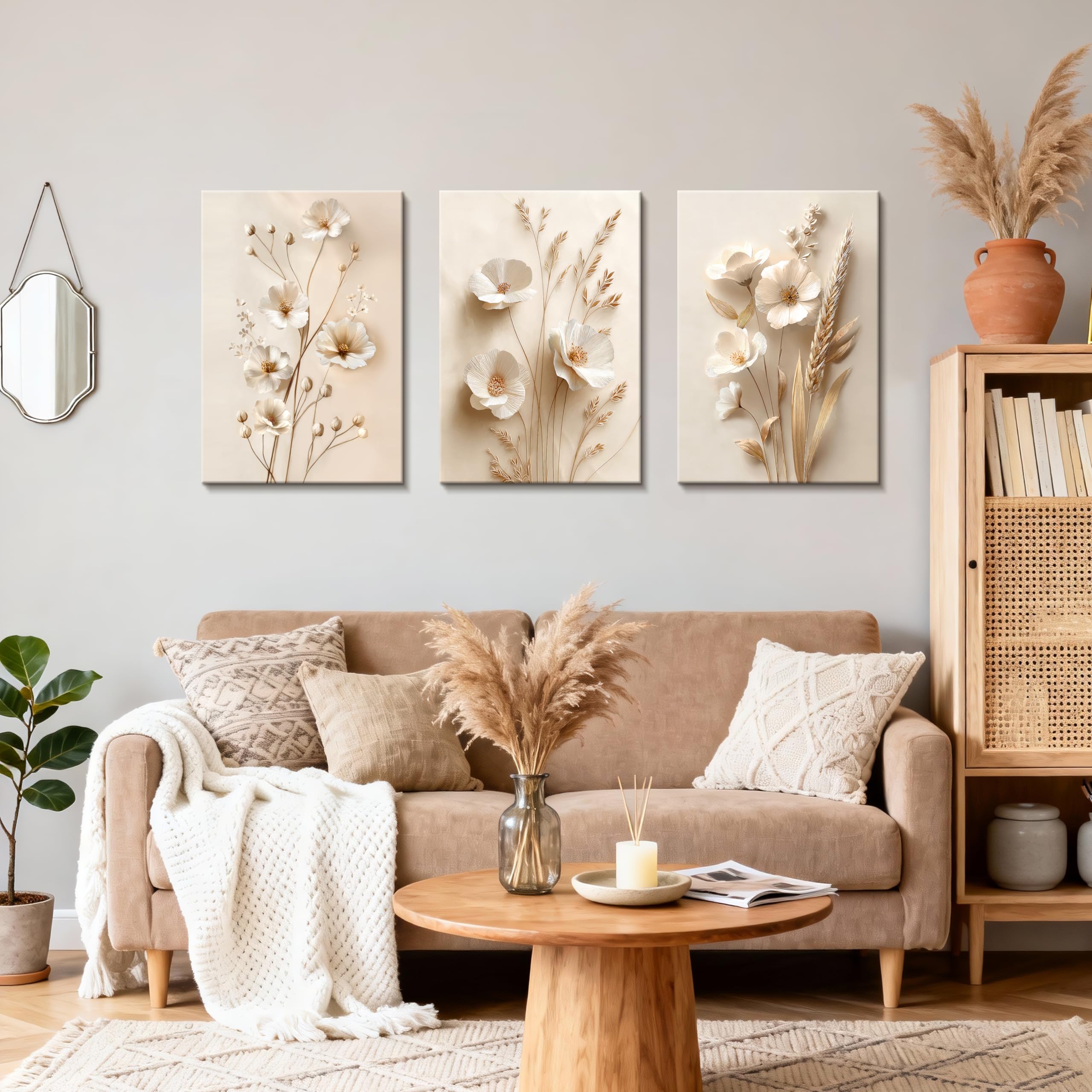 3 Pcs Wooden Framed Canvas Wall Art Set Bohemian Sage Green Canvas Prints Poster Geometric Line Beige Green Pictures for Living Room Bedroom Dinning Room Hallway Stairs Wall Decor 30x40cm x3pcs — view 518