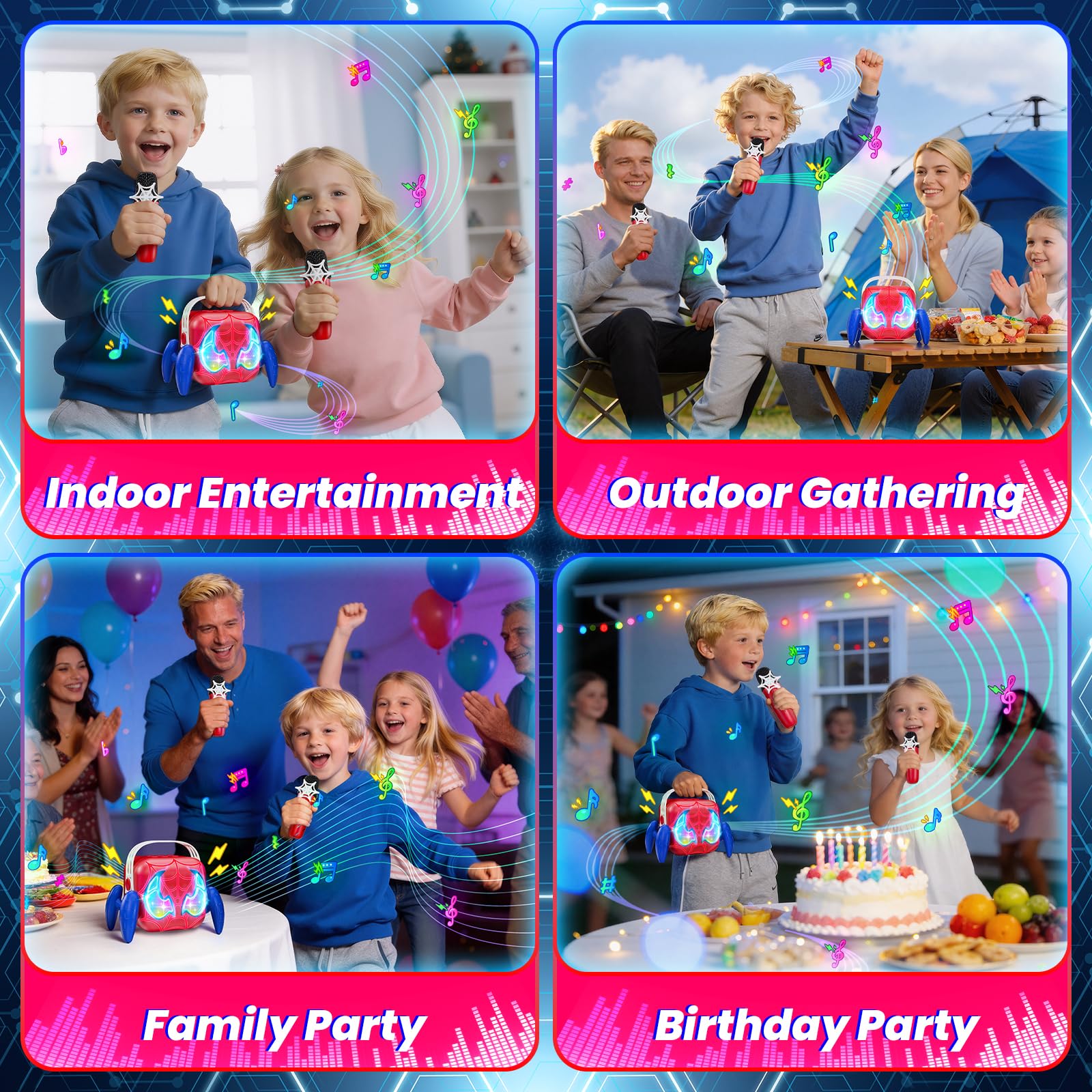 Karaoke per Bambini con 2 Microfoni Luci LED Regalo 3-12 Anni Maschio Giochi Compleanno Festa Natale