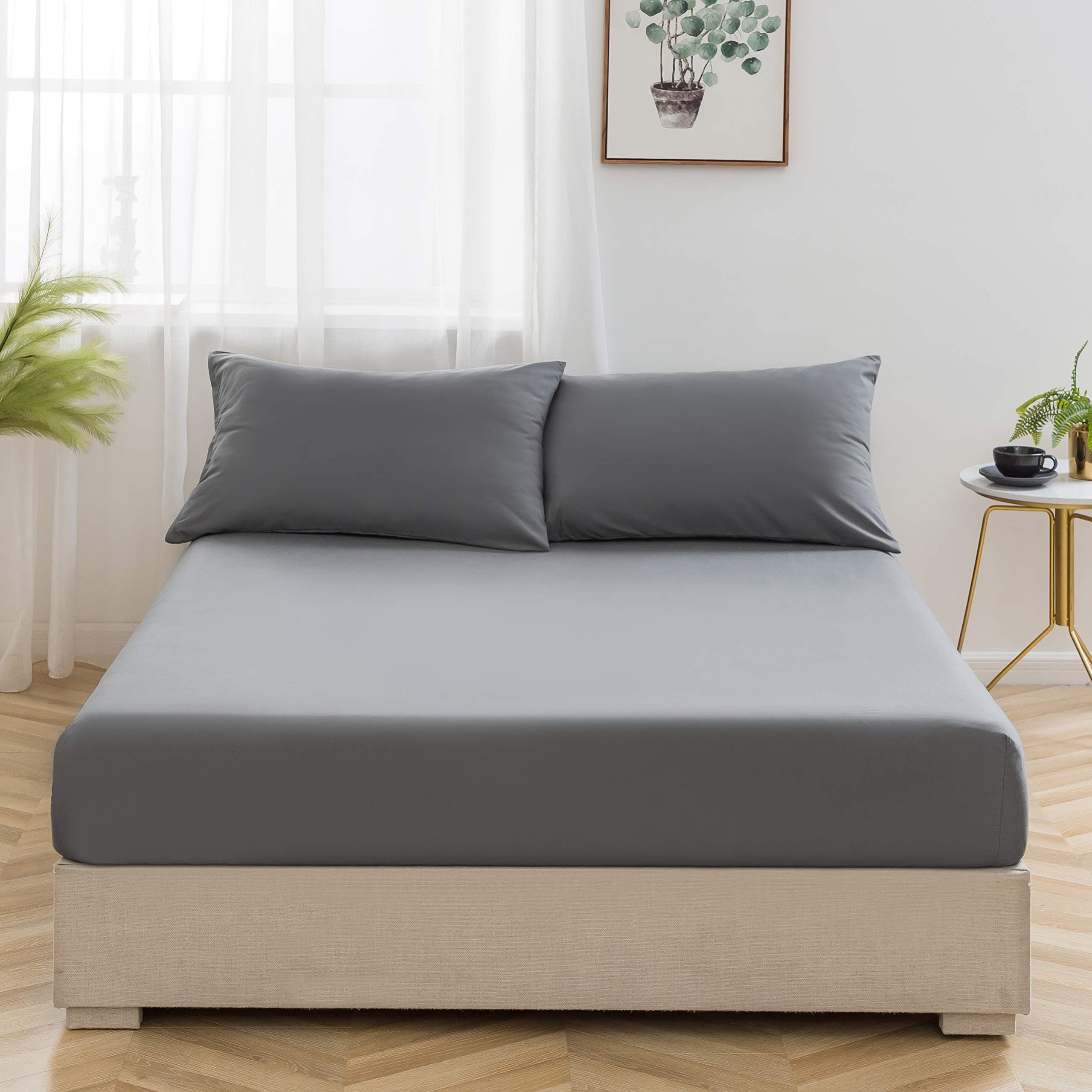 Extra Deep Fitted Sheet with Wider Elastics Updated Version Double Size Bedding Brushed Microfiber Breathable (grey)