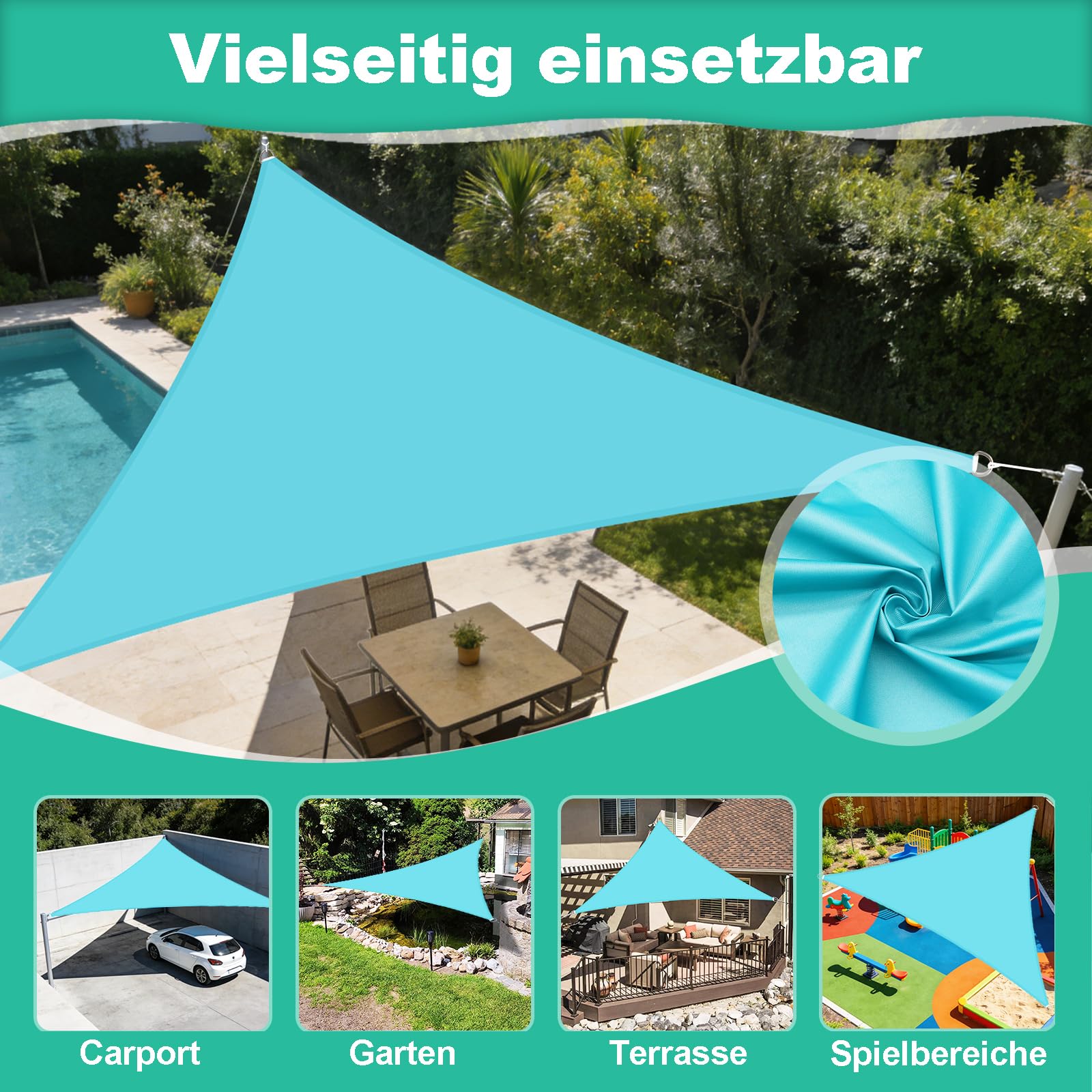 Sonnensegel Dreieckig Wasserabweisend 5x5x5m 95% UV Schutz | Wetterbeständiges Oxford Sonnenschutz Segel mit Seilen, Schattensegel für Outdoor Balkon Garten Terrasse Pergola, Himmelblau