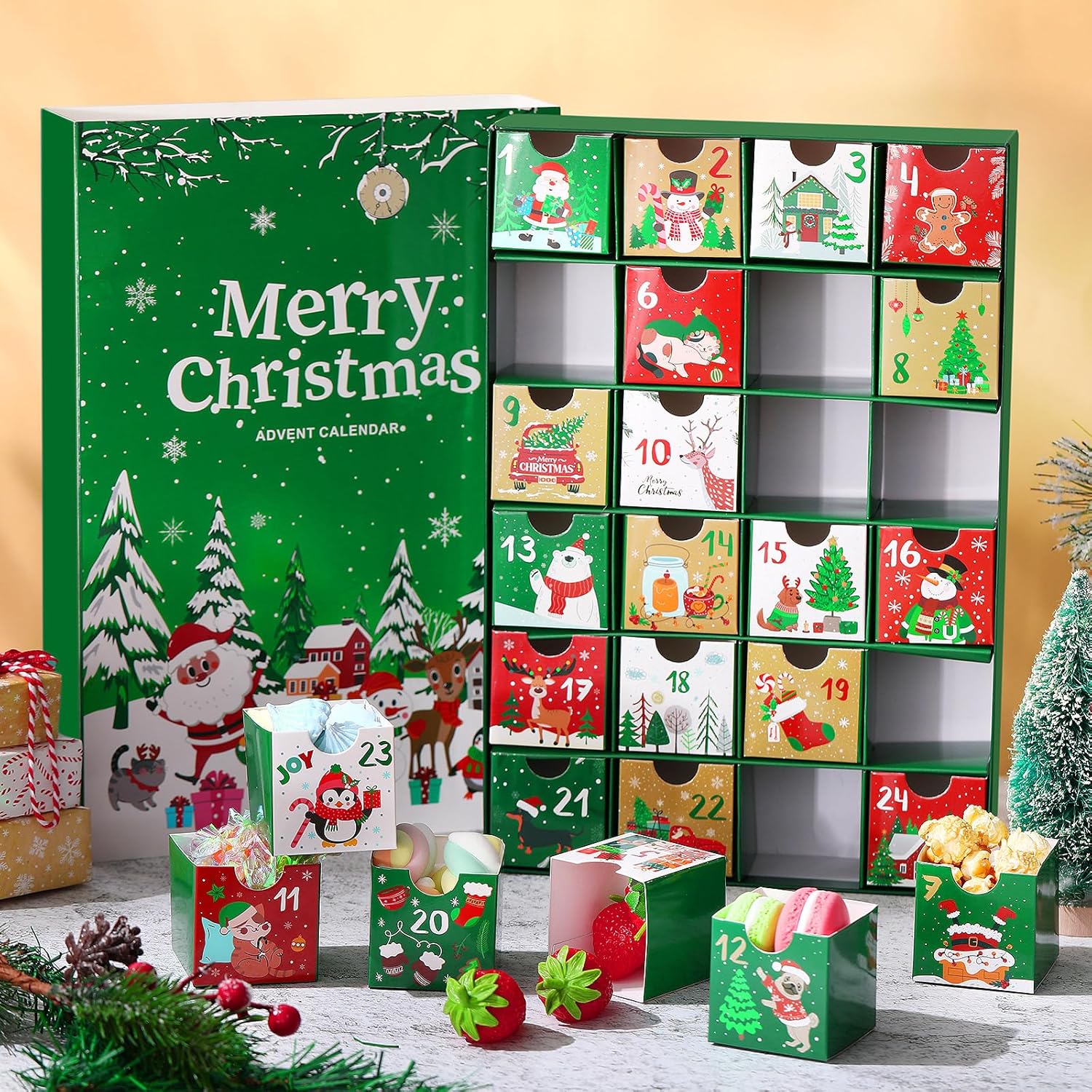 Containlol Christmas Advent Calendar Boxes 24 Days Advent Countdown Gift Boxes Christmas Cardboard Number Empty Boxes Xmas Holiday Decoration for Fill Your Own Gift Box(Green)