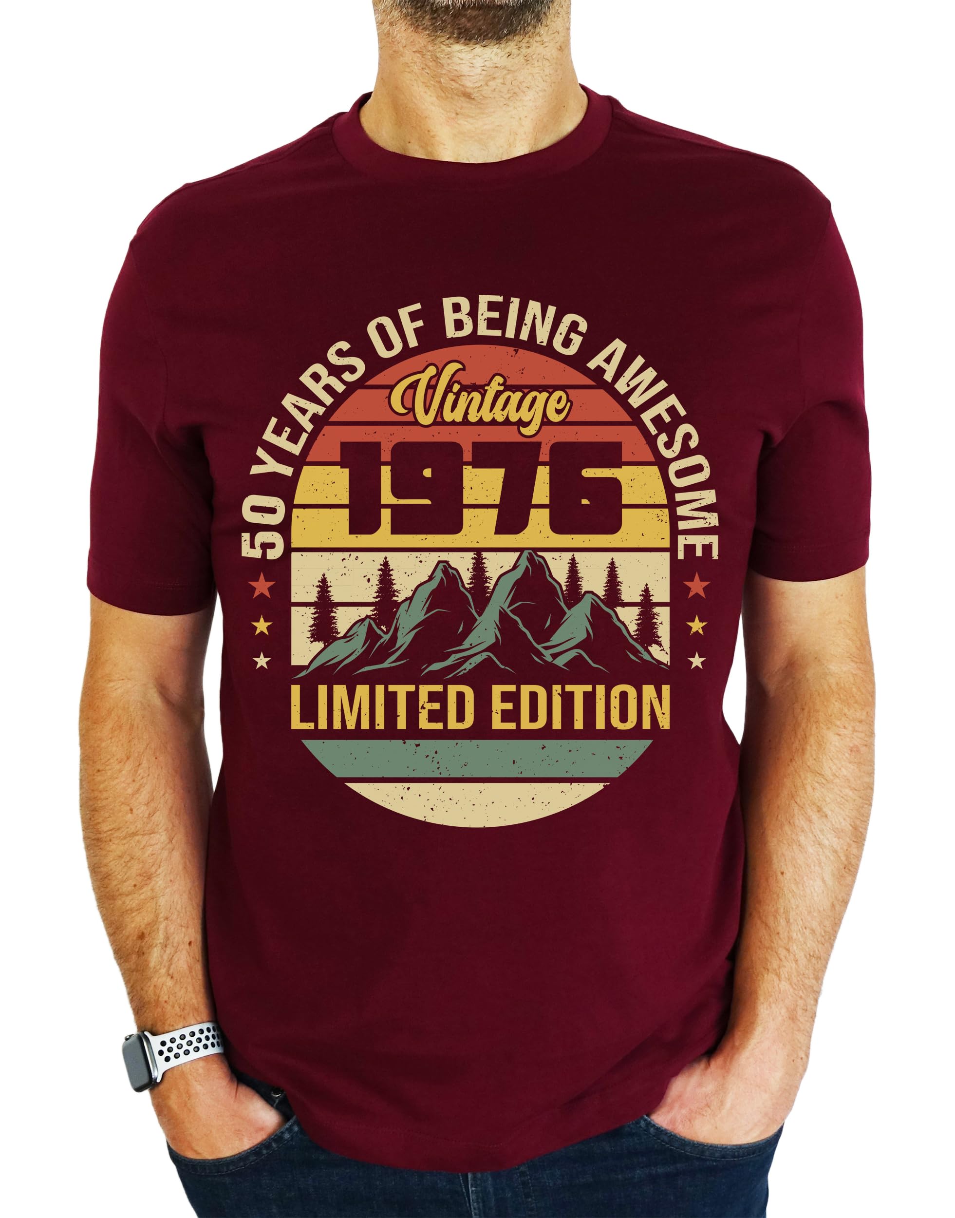 My Generation Gifts Men's Burgundy 1976 Vintage Mountain - Limited Edition - 50Th Birthday Gift | Present T-Shirt L