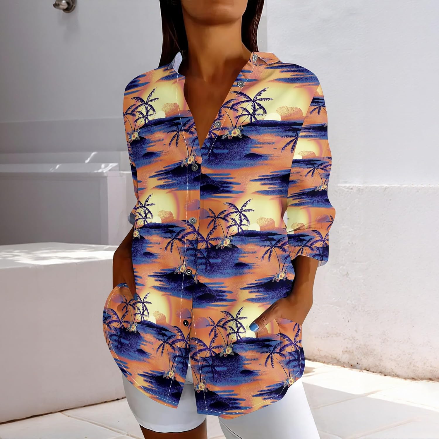 Women Graphic T Shirt Floral Print V Neck Rolled Up Three-Quarter Sleeves Button Down Tee 100% Cotton Blouses - Image 2