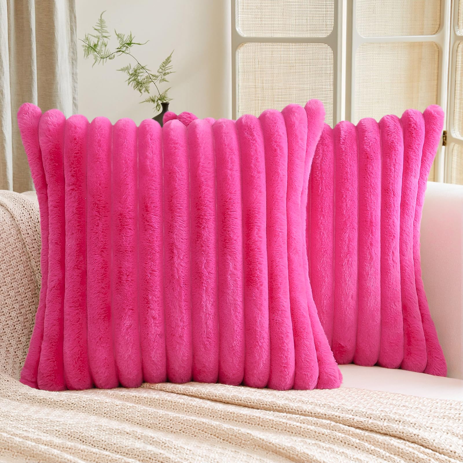 Kevin Textile Set Of 2 Gradient Pink Faux Fur Pillow Covers - 18x18 Inch Luxury Merino Style Cushion Covers