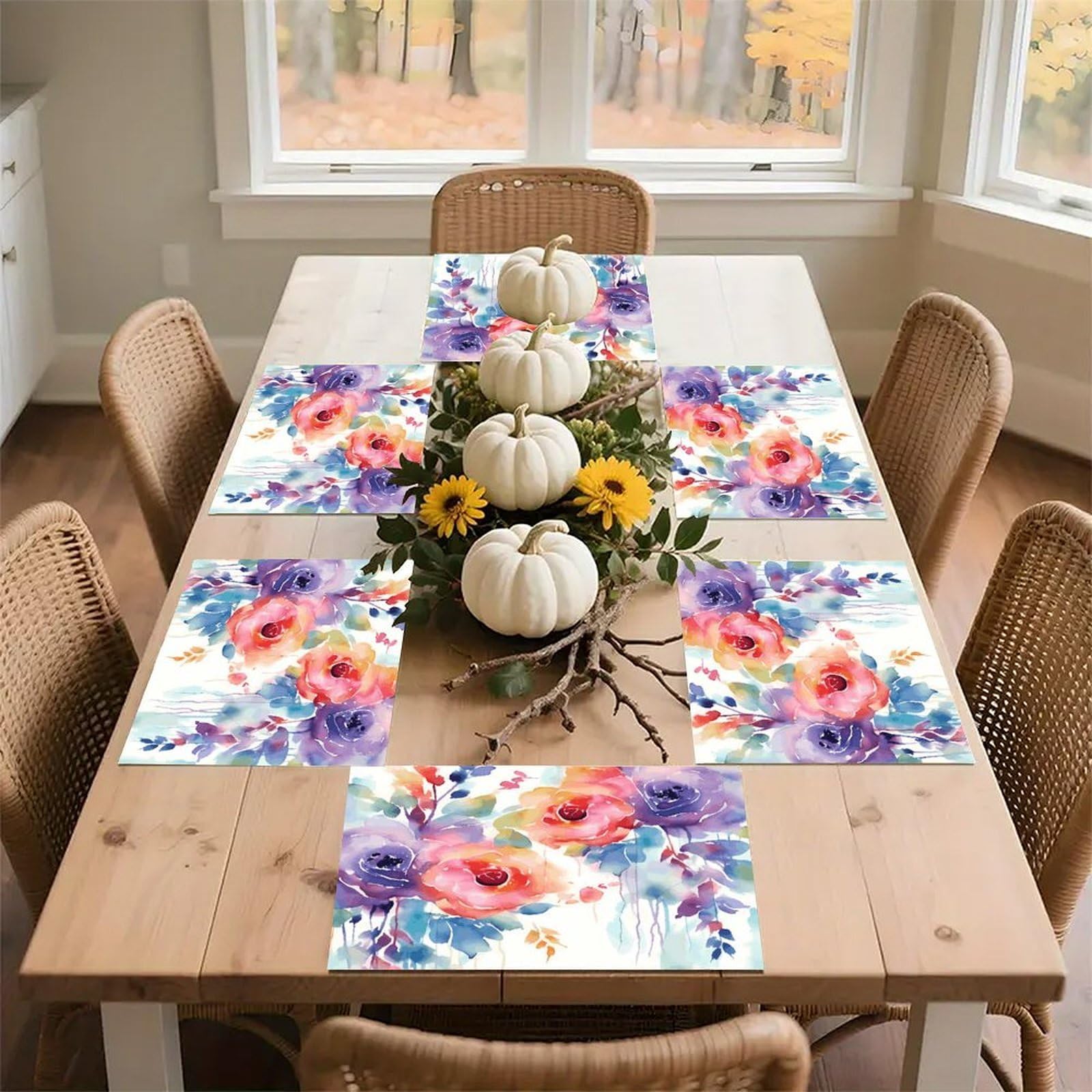 Watercolor Floral Placemats Wipeable Heat Resistant Table Mats Washable Flax Place Mats Elegant Cloth Non-Slip Placemat for Kitchen Dinning Party Table Decor 12 * 18 in