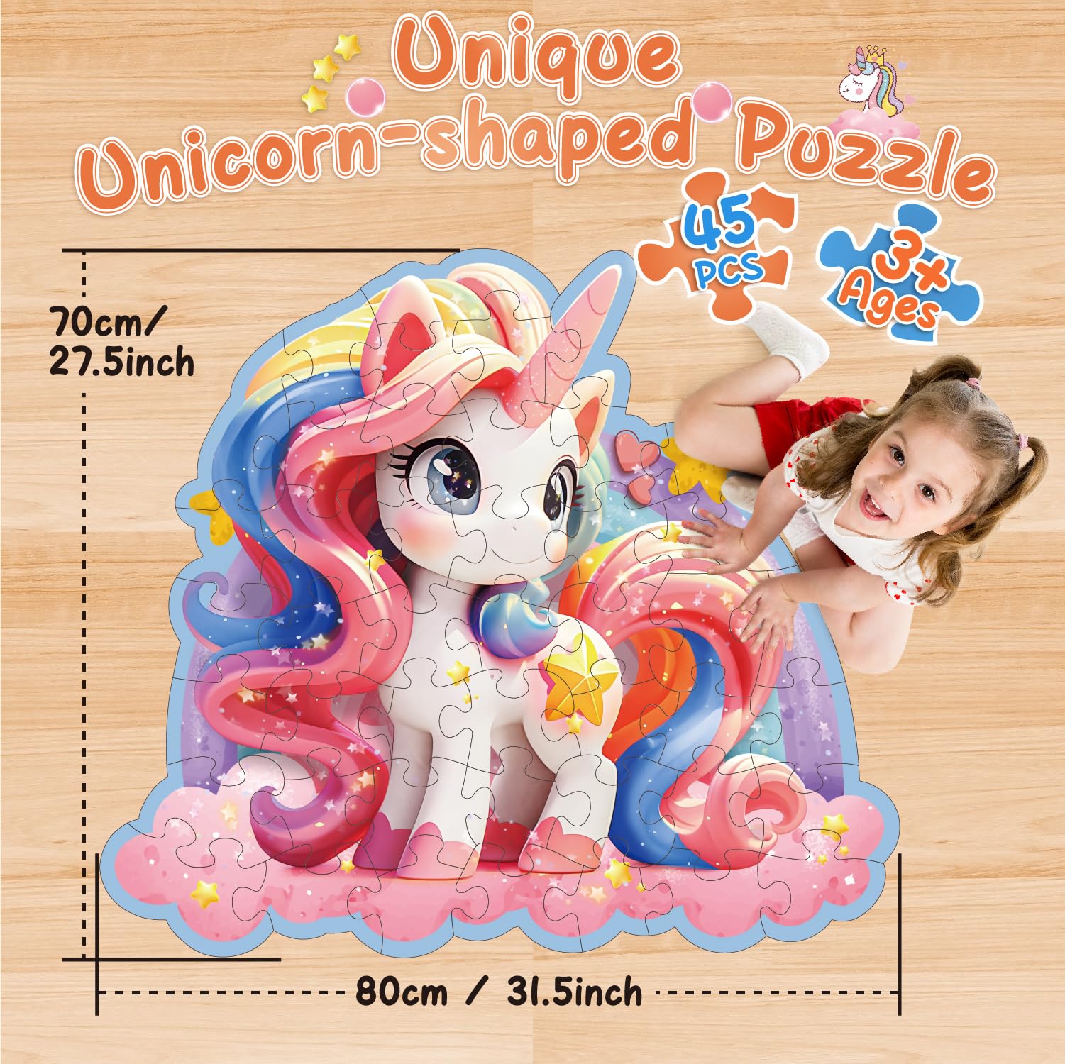 Kiztoys Puzzle de suelo de unicornio para niñas - Regalos de unicornio para niños 3 4 5 6 7 8 años 45 piezas grandes bonitos rompecabezas rosa juguete a partir de 3 – 8 años